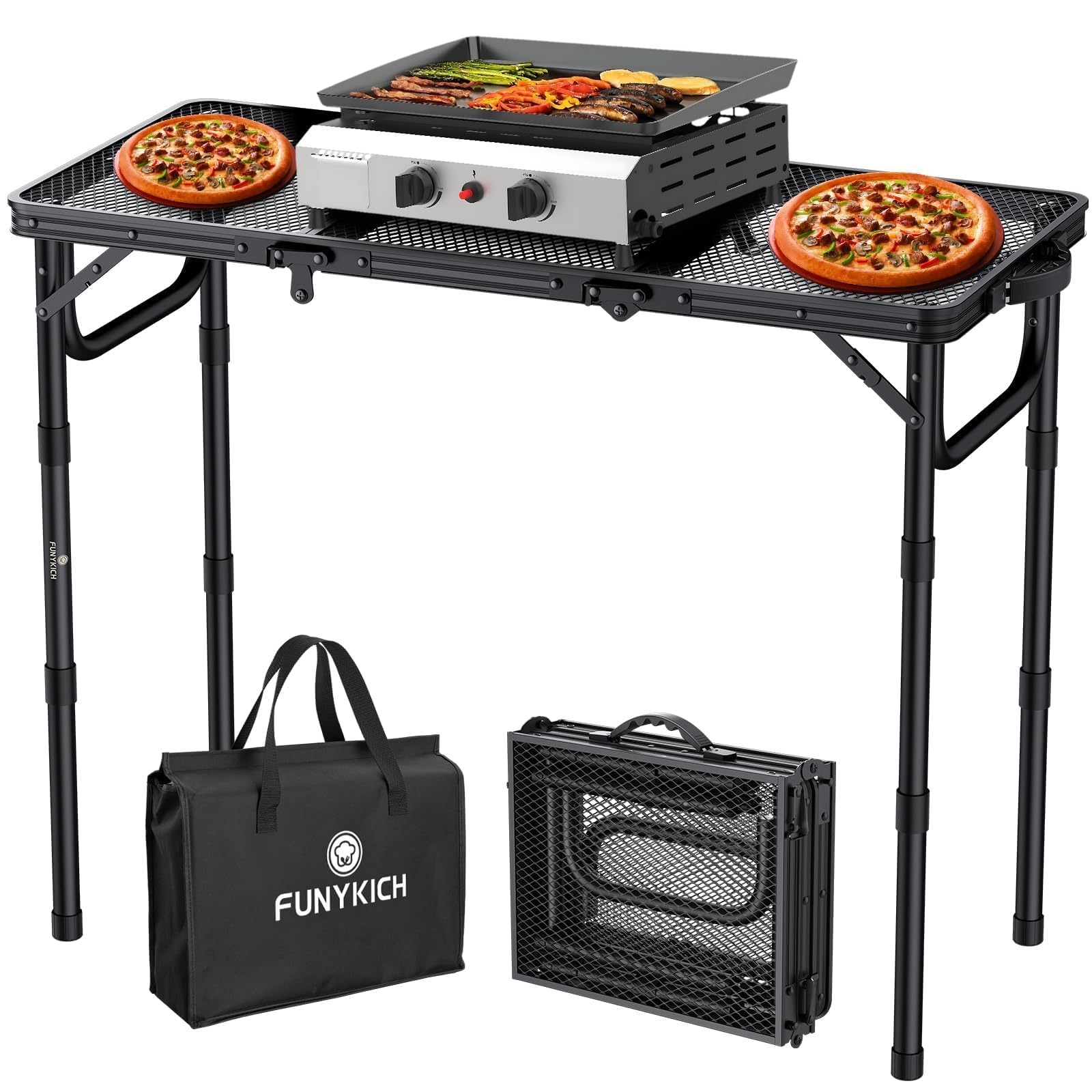 FUNYKICH 3ft Folding Grill Table for Outside 34.2x15.7, 3 Height Adjustable Portable Camping Tables, Lightweight Metal Alumi