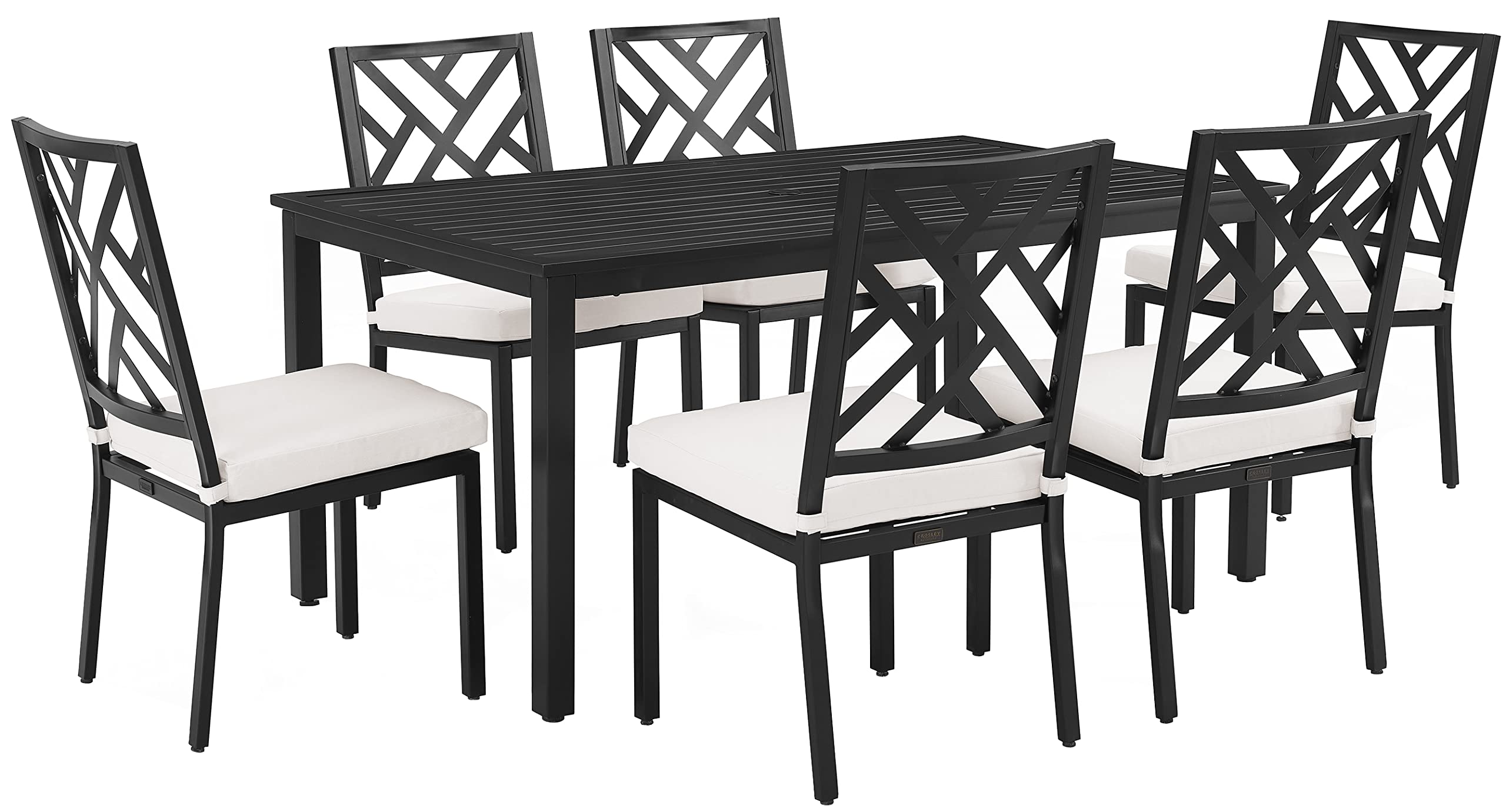 Crosley Furniture Locke 7-Piece Outdoor Dining Set for 6, Patio Table and Chairs for Backyard, Deck, Matte Black with Creme Cush