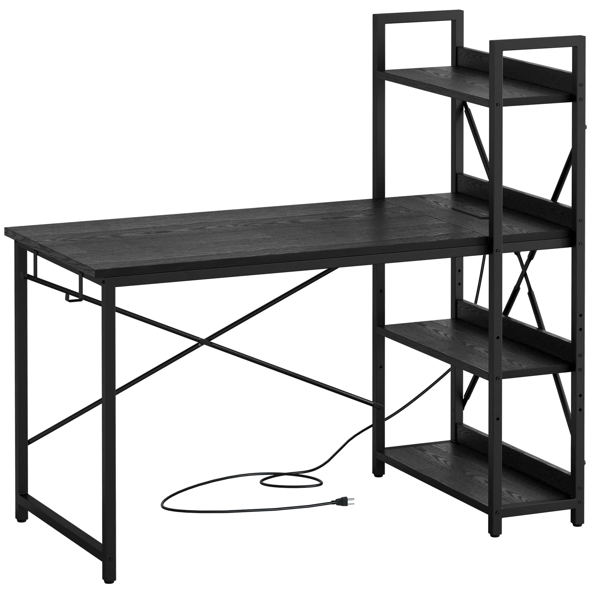 IRONCK Computer Desk 47 with Power Outlet & Storage Shelves, Study Writing Table with USB Ports Charging Station, PC Desk Workst