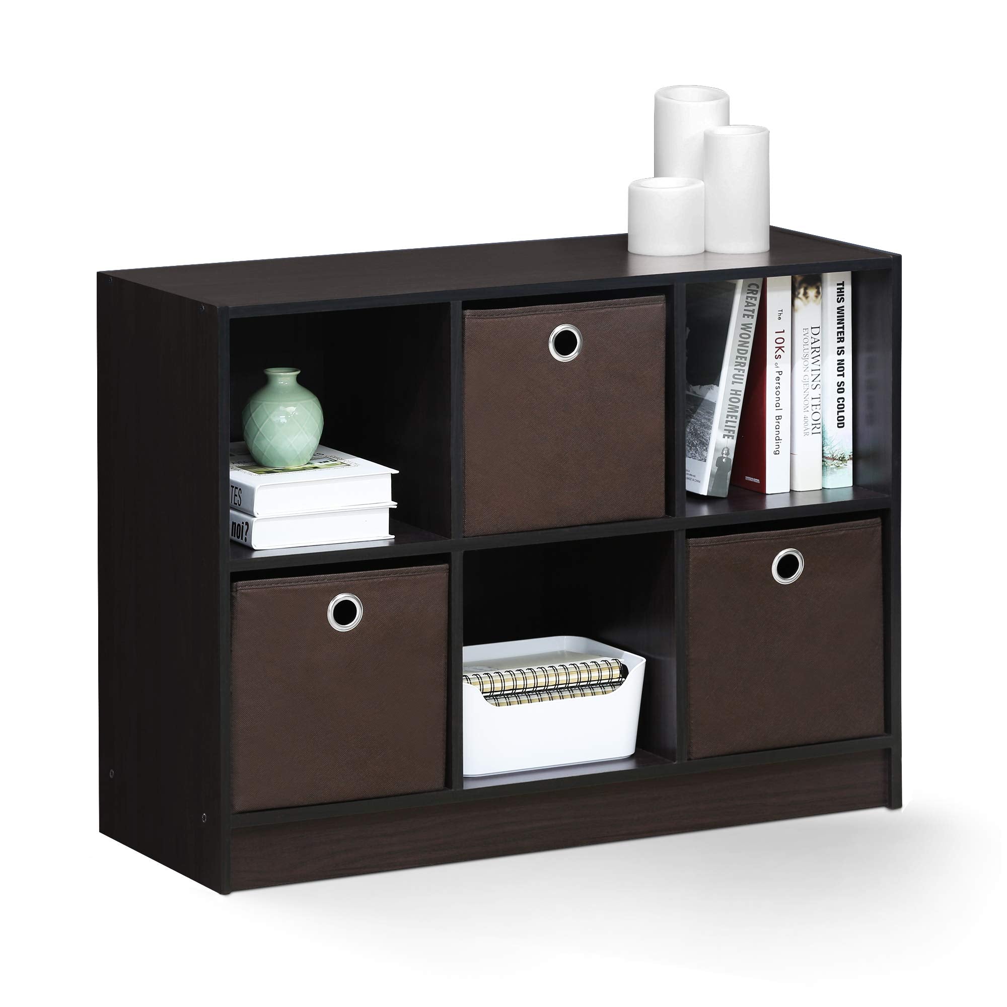 Furinno Basic 3x2 Cube Storage Bookcase Organizer with Bins, Dark Walnut