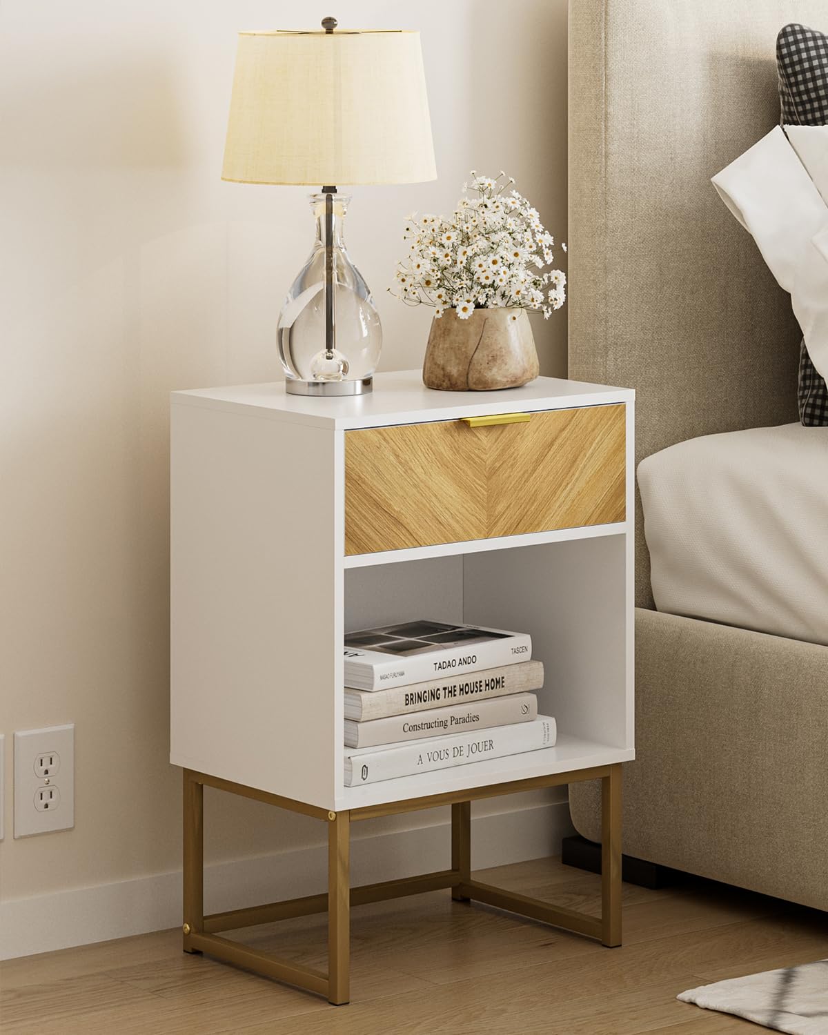 Masupu Nightstand,Modern Night Stand Boho Farmhouse Wood Bedside Table with Storage Drawer Side End Table for Bedroom,Living Roo