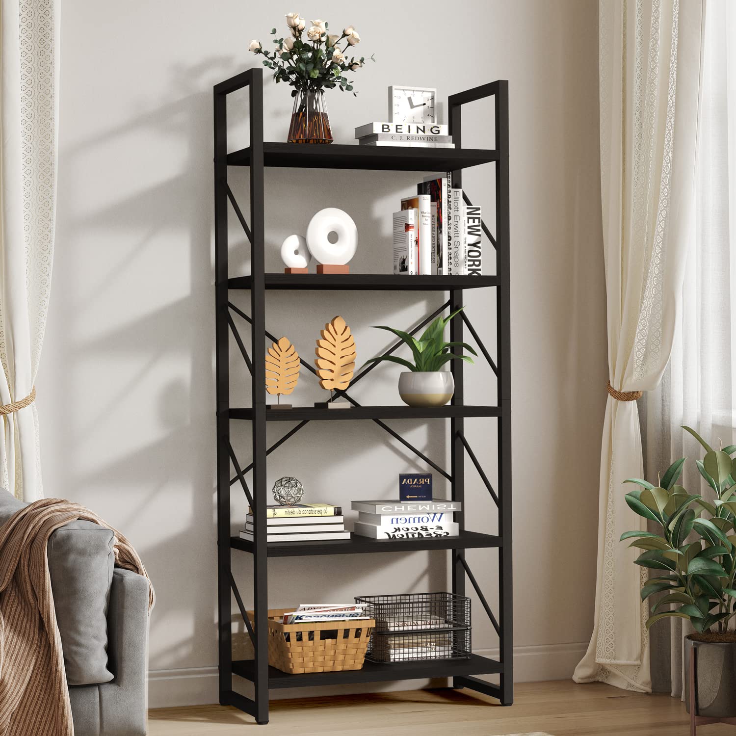 YITAHOME 5 Tiers Bookshelf, Artsy Modern Bookcase, Book Rack, Storage Rack Shelves Books Holder Organizer for Books/Movies in Li