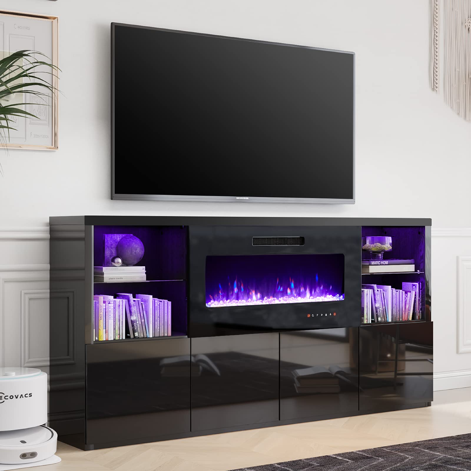 LUXOAK Fireplace TV Stand for TVs up to 75, Modern High Gloss Entertainment Center with 40 Fireplace, 4 Shelves & Storage Cabine
