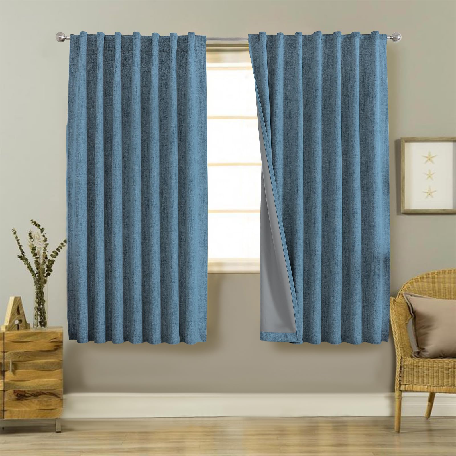 Joydeco 100% Black Out Curtains 72 inch Long 2 Panels Burg Natural Blackout Linen Drapes for Bedroom Living Room Darkening Curta