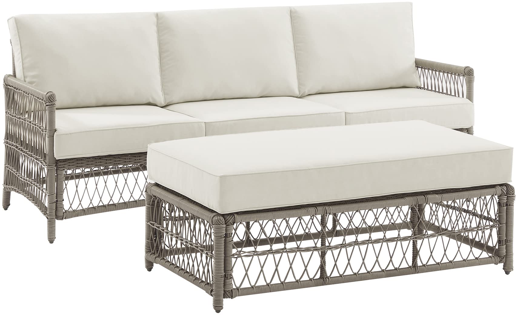 Crosley Furniture Thatcher 2-Piece Outdoor Sofa Patio Furniture Set, Wicker Conversation Sets for Porch, Driftwood with Creme Cu
