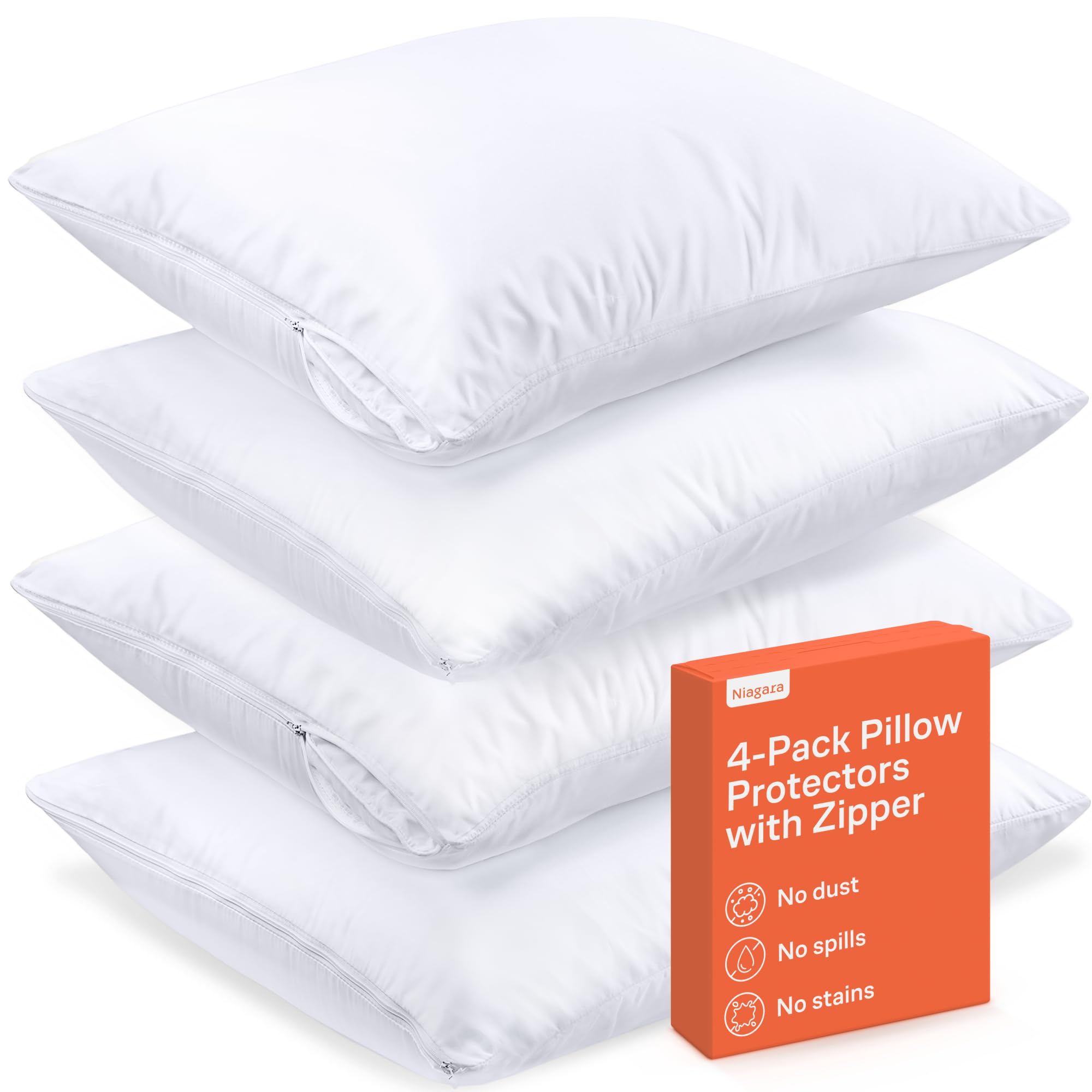 Ultra Soft Pillow Protectors with Zipper Standard Size - Set of 4 Breathable Pillow Covers - 100% Protection Against Stains, Dus