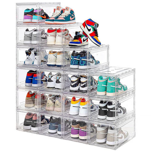 12 Pack Acrylic Clear Shoe Boxes- Ultra Clear Plastic Stackable Sneaker Storage For Sneakerhead. Professional Grade Shoe Display