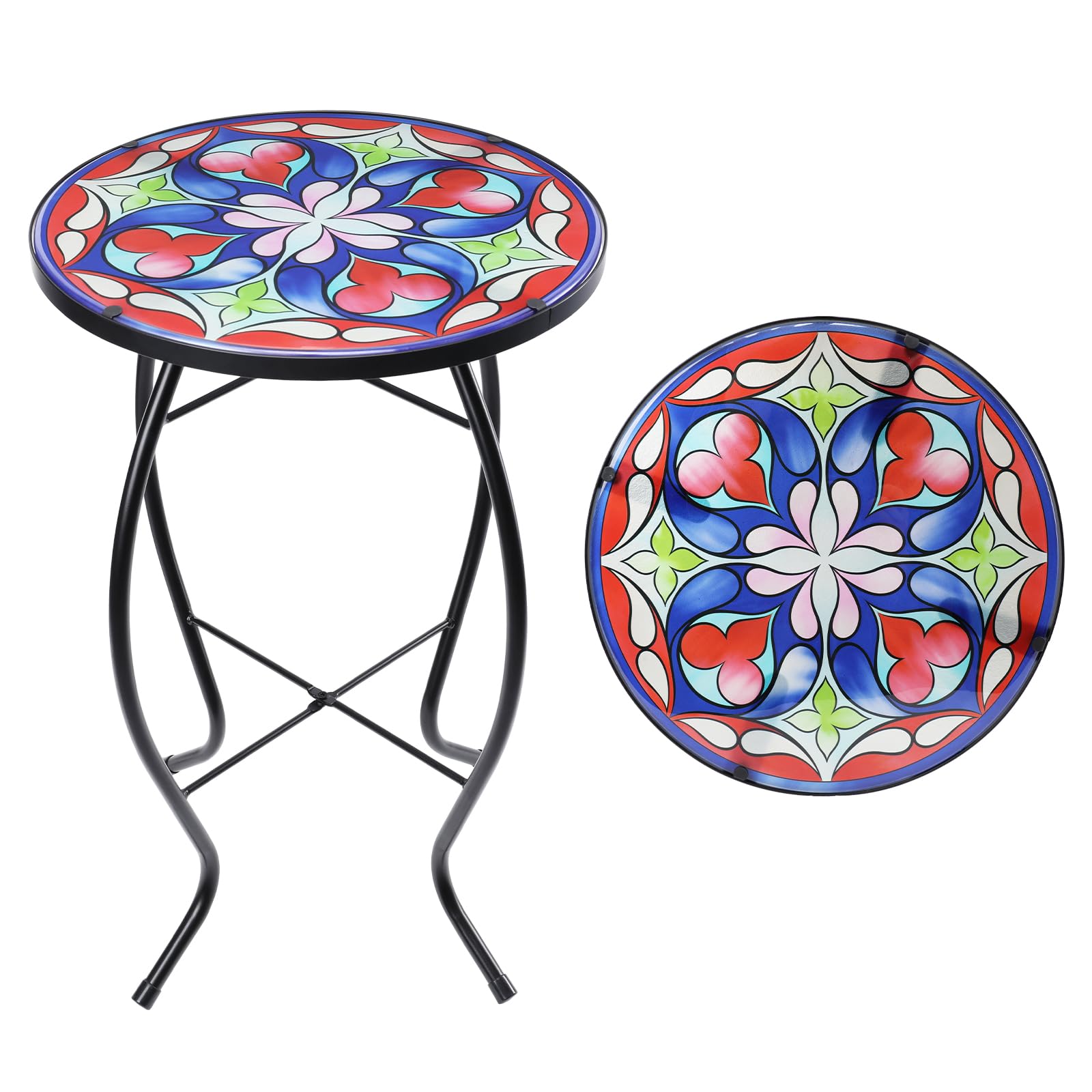MUMTOP Side Patio Tables-Mosaic Outdoor Side Table - 14 Symmetrical Pattern Glass Accent Round End Table, Plant Stand Indoor Sma