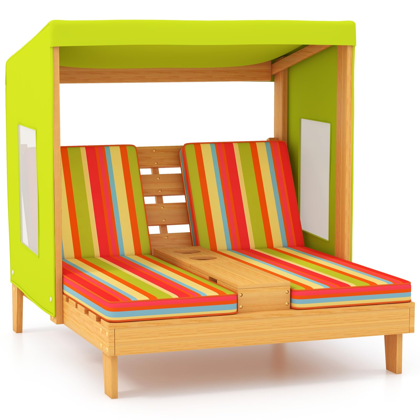 HONEY JOY Kids Chaise Lounge Chair Outdoor, Toddler Wood Double Pool Lounger Chairs w/Canopy, Cup Holders, Removable Stripped Fa