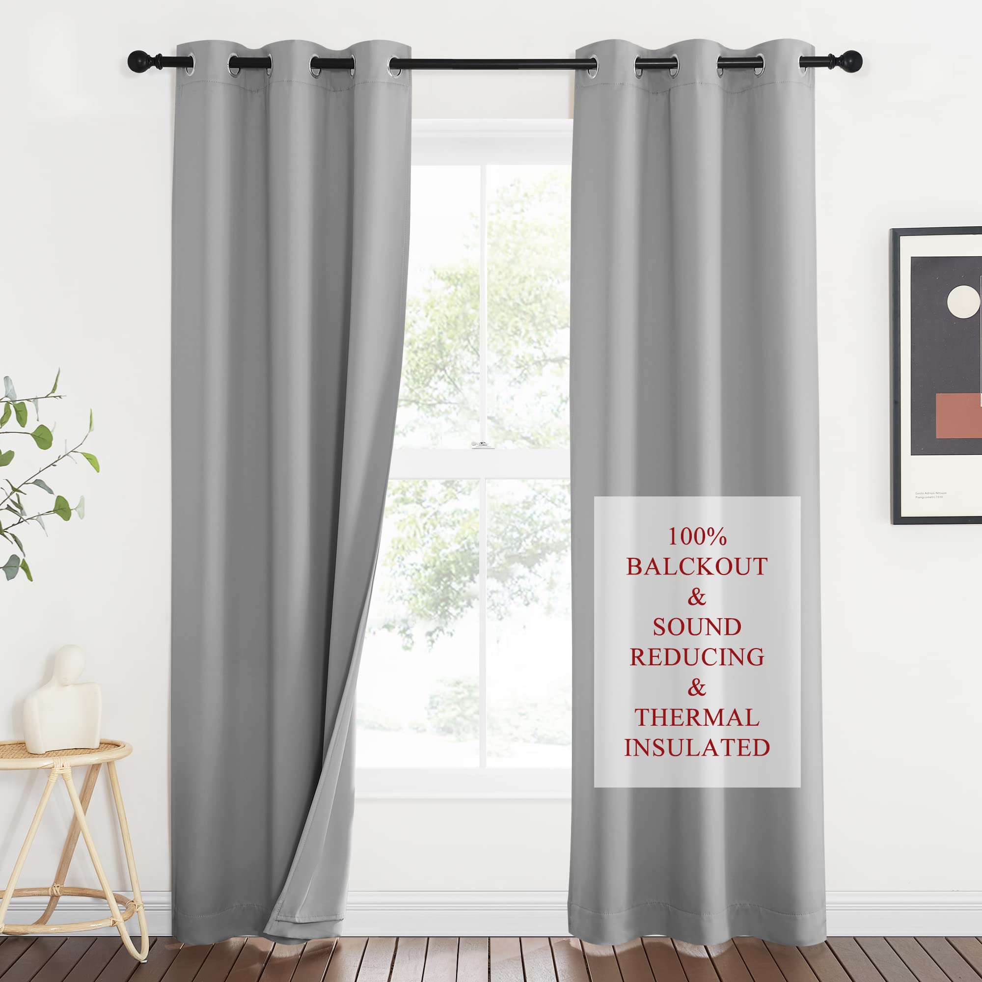 NICETOWN Silver Grey Noise Insulation Curtain Panels, Energy Smart & 100% Blackout Drapes for Dining Room Window, Thermal Insula