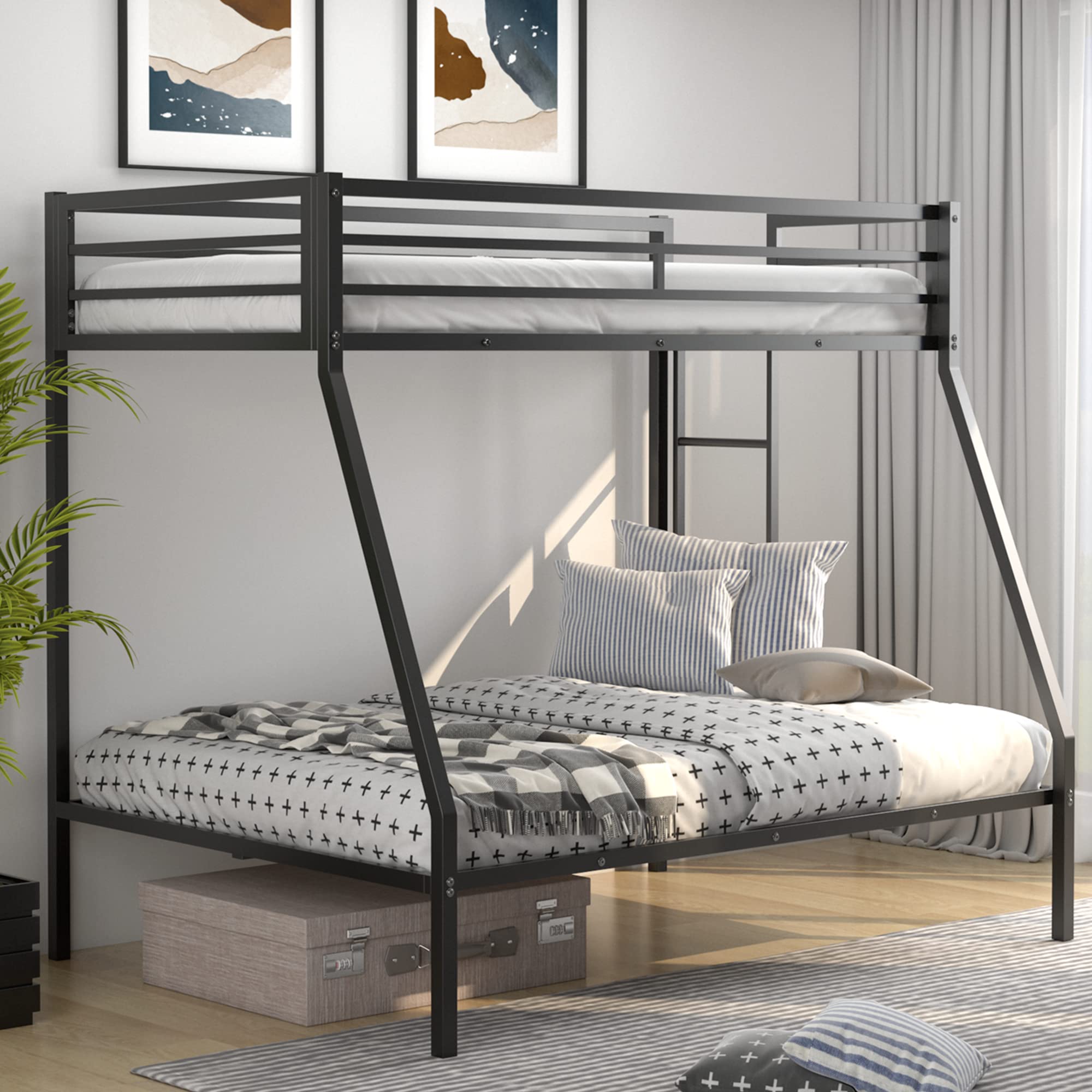 KOMFOTT Metal Bunk Bed Twin-Over-Full, Heavy Duty Metal Bed Frame with Safety Rail & Ladder, Space-Saving Bed Frame with 12.5   