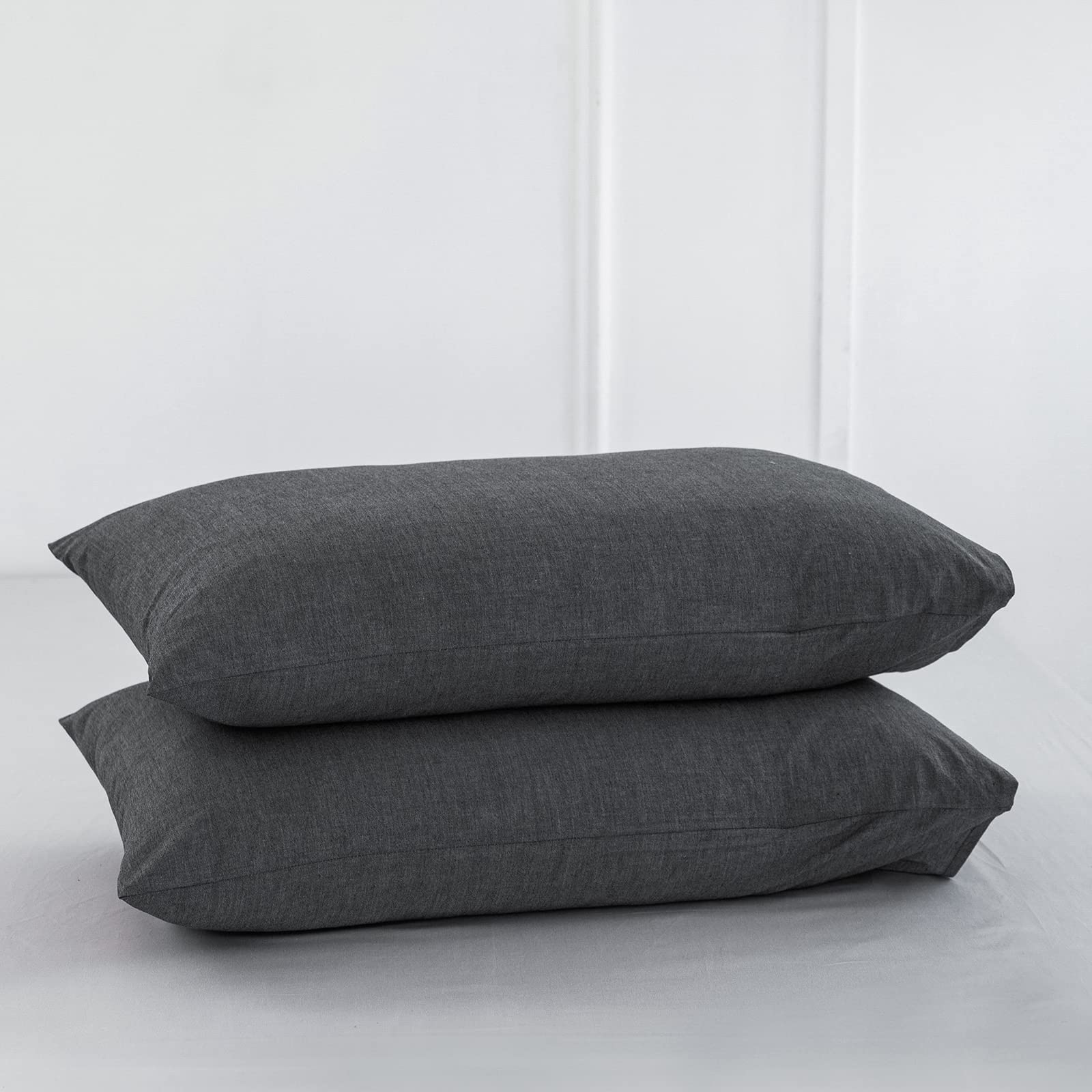 MooMee Bedding Pillowcases Pack of 2 100% Washed Cotton Linen Like Textured Breathable Durable Soft Comfy (Dark Grey, Queen)