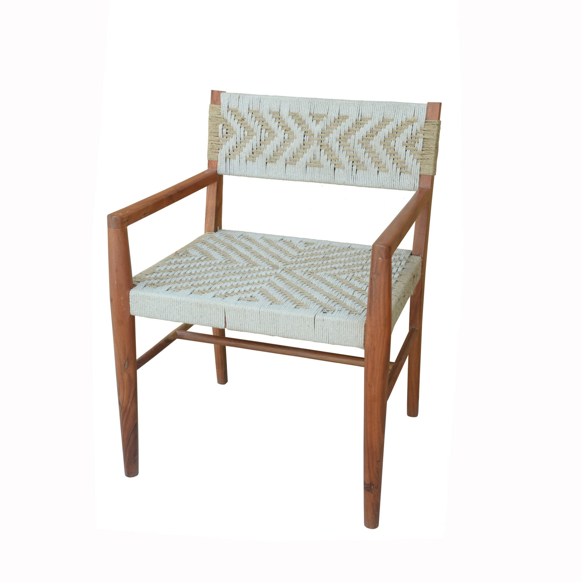 Benjara Kia 21 Inch Accent Armchair, Acacia Wood, Cotton Woven Design, Brown and Cream