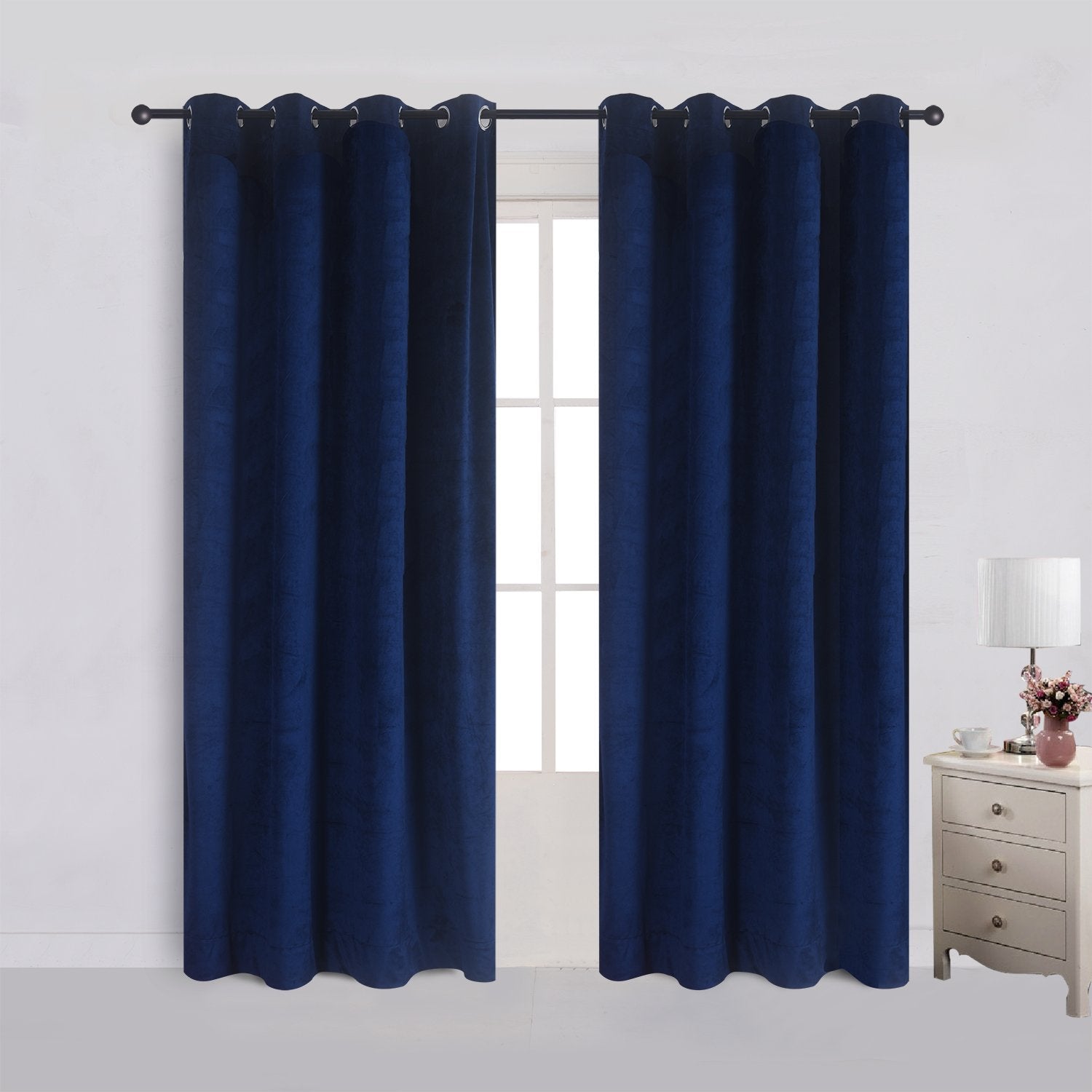 Cherry Home Set of 2 Velvet Flannel Blackout Curtains Panel Drapes Grommet Draperies Eyelet 52Wx96L inch Navy Royal Blue(2 Panel
