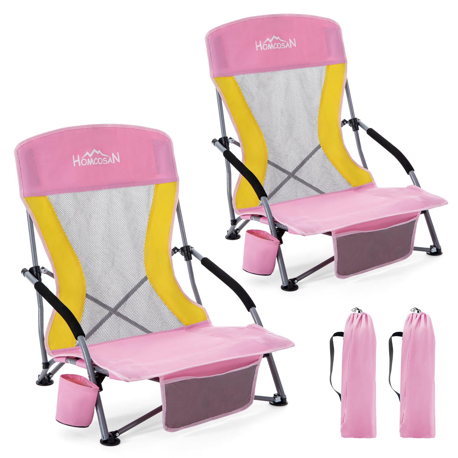 Homcosan Portable Low Folding Beach Chairs Set of 2 - Lightweight Camping Chairs for Adults with Cup Holder & Storage Pockets, C