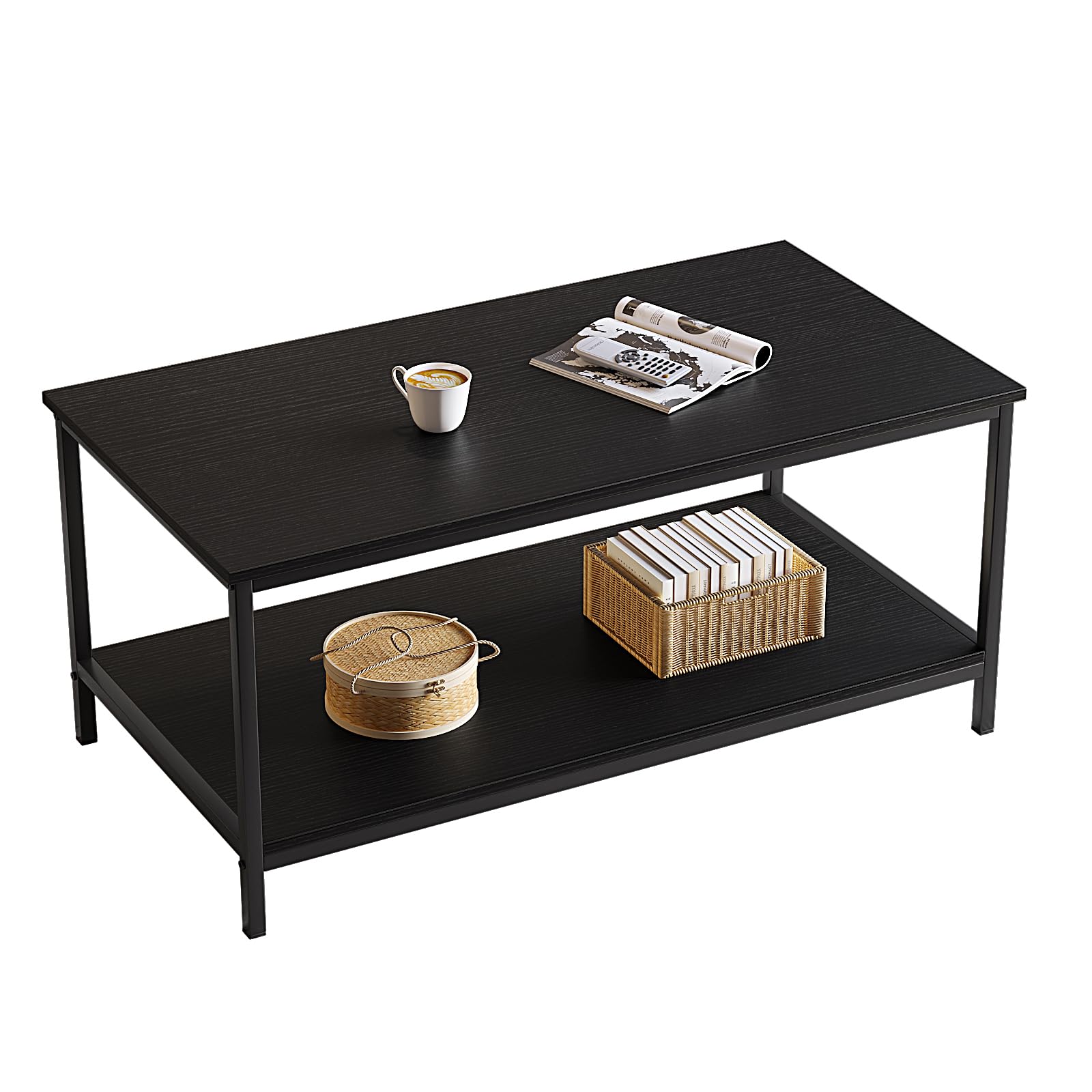 SAYGOER 2-Tier Black Coffee Table for Living Room Modern Rectangle Coffee Table with Storage Industrial Wood Center Table for La