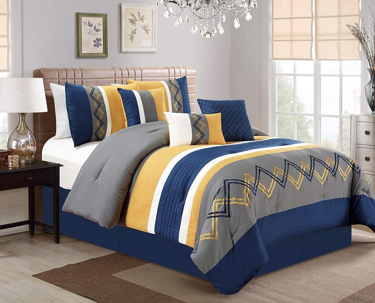 Chezmoi Collection Arden 7-Piece Modern Pleated Stripe Embroidered Zigzag Bedding Comforter Set (California King, Navy/Gray/Yell