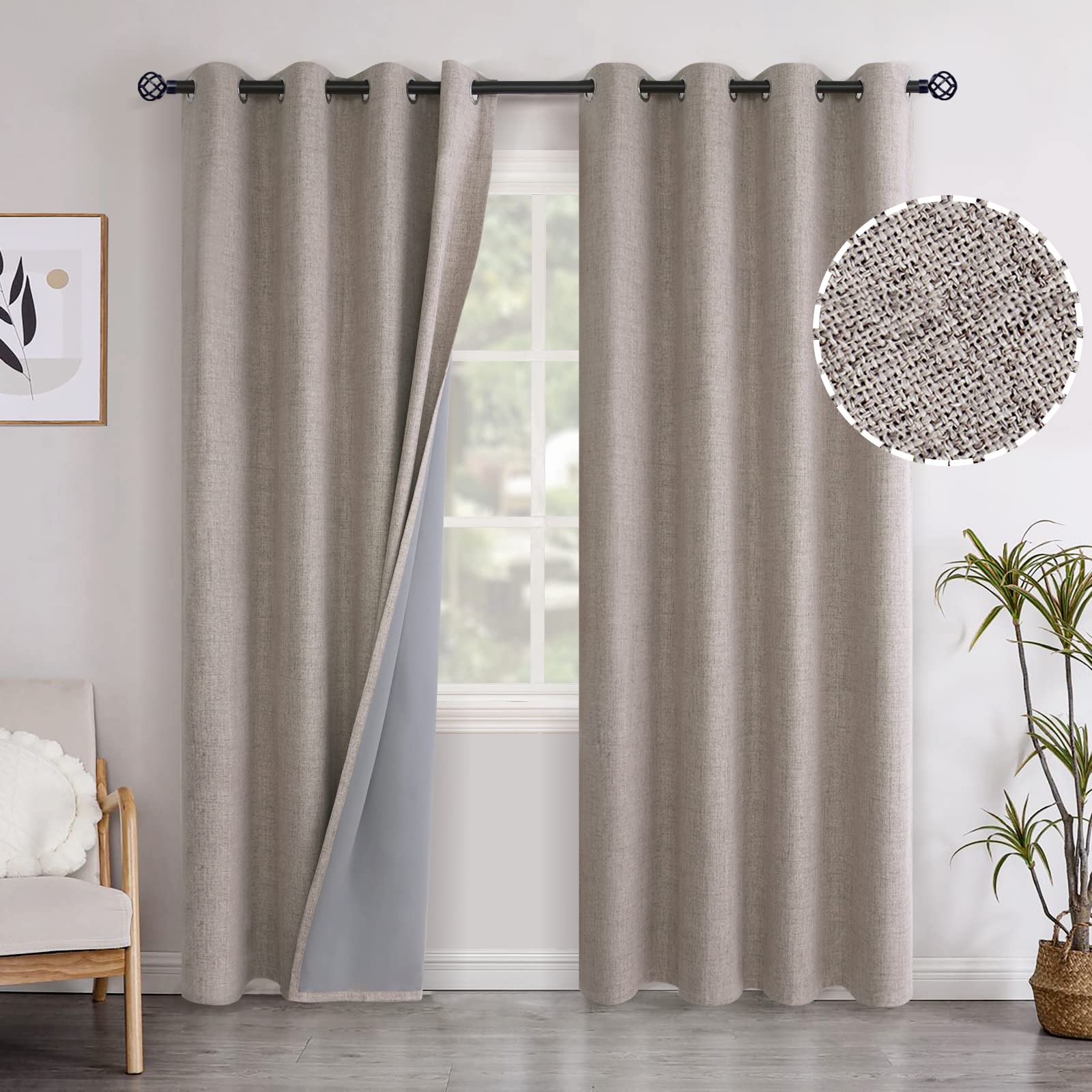 YoungsTex Burlap Linen Blackout Curtains 84 Inches Length, Full Room Darkening Grommet Textured Window Drapes for Bedroom Farmho