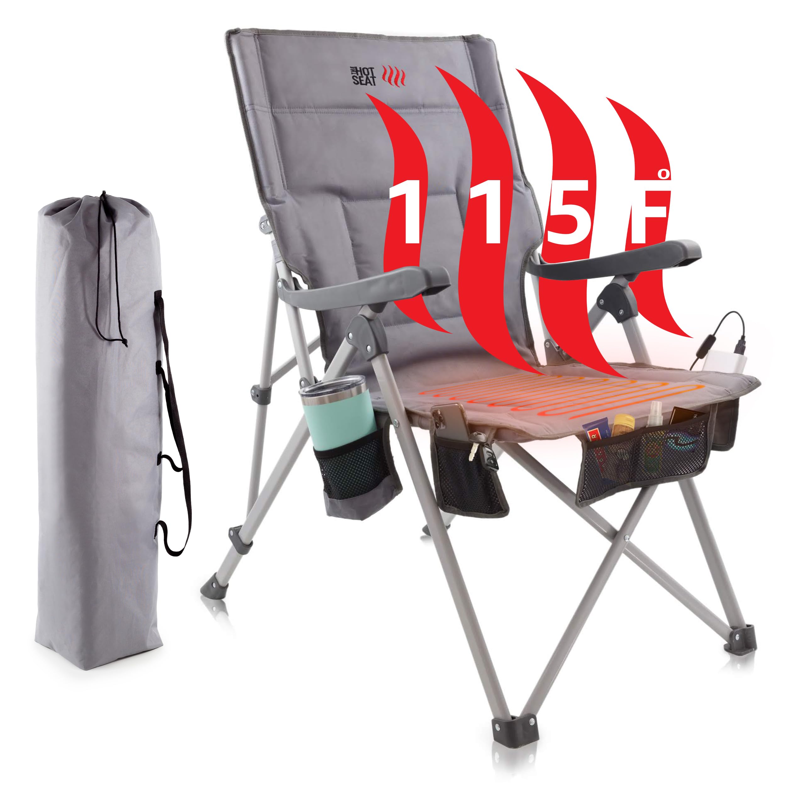 POP Design The Hot Seat, USB Heated Portable Folding Camping Chair, Perfect for Outdoor, Lawn, Patio, Sports, Beach, or Picnics.