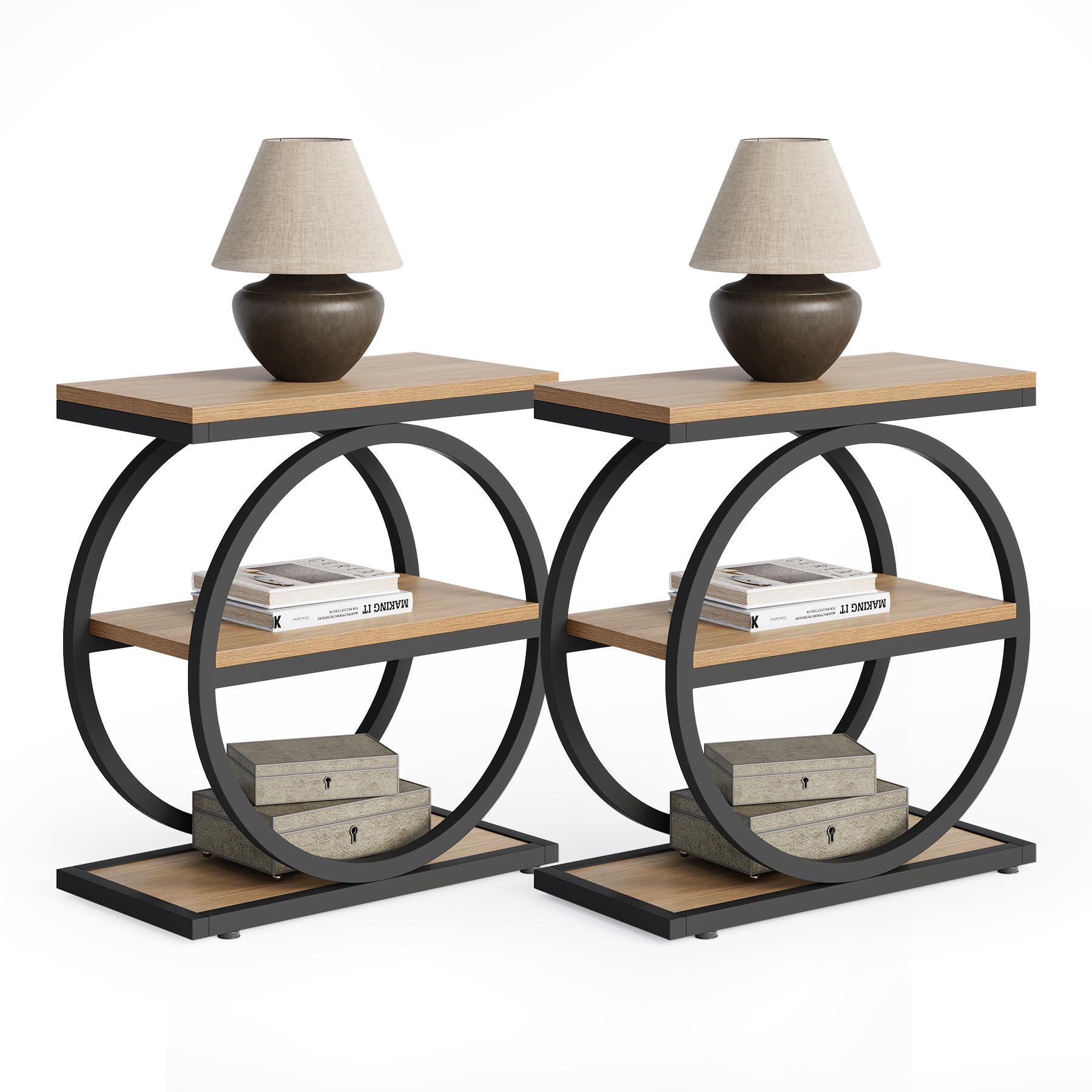 LITTLE TREE End Table Set 2, Side Table with 3-Tier Storage Shelves, Small Sofa Side Table for Living Room, Wooden Side End Tabl
