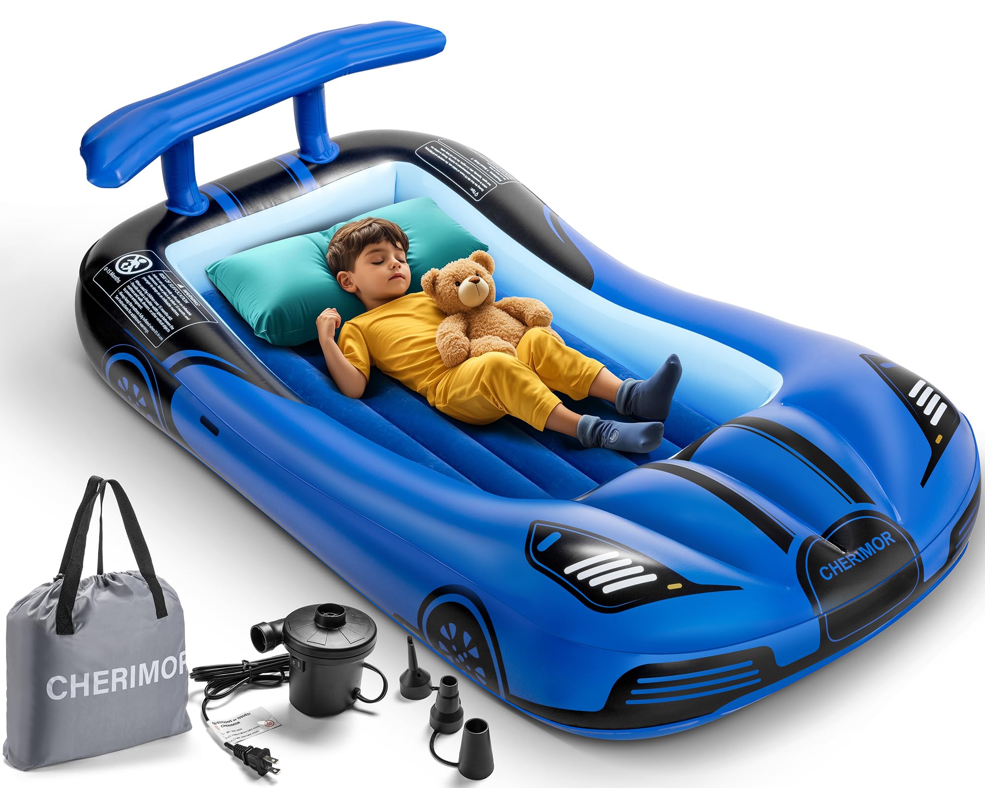 CHERIMOR Inflatable Toddler Travel Bed with Safety Bumpers, Portable Racecar Toddler Air Mattress with Electric Pump, Toddler Bl