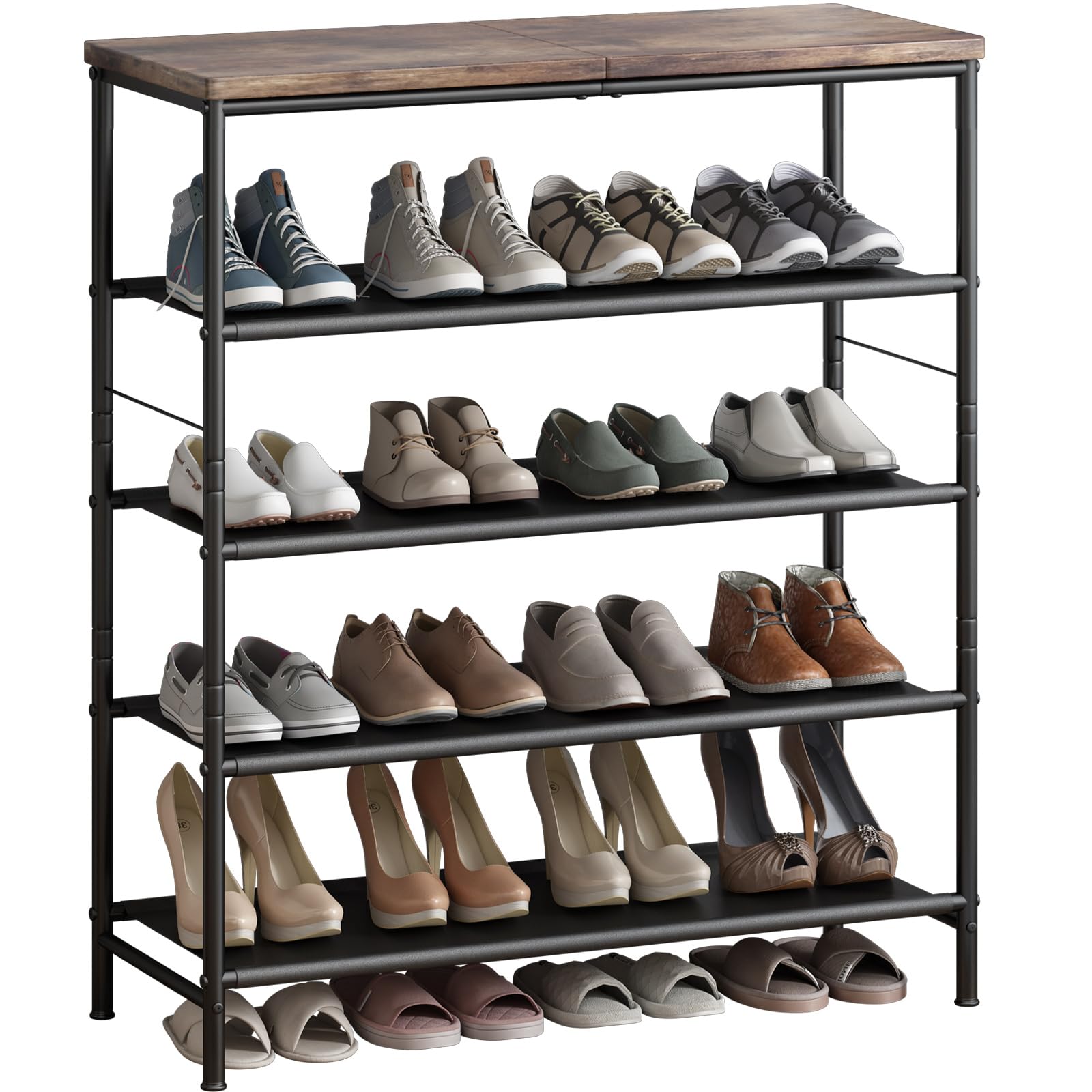 INGIORDAR Shoe Rack Organizer 5 Tier Metal Organizer Shelf with Industrial MDF Board and Layer Fabric for Entryway Closet Bedroo