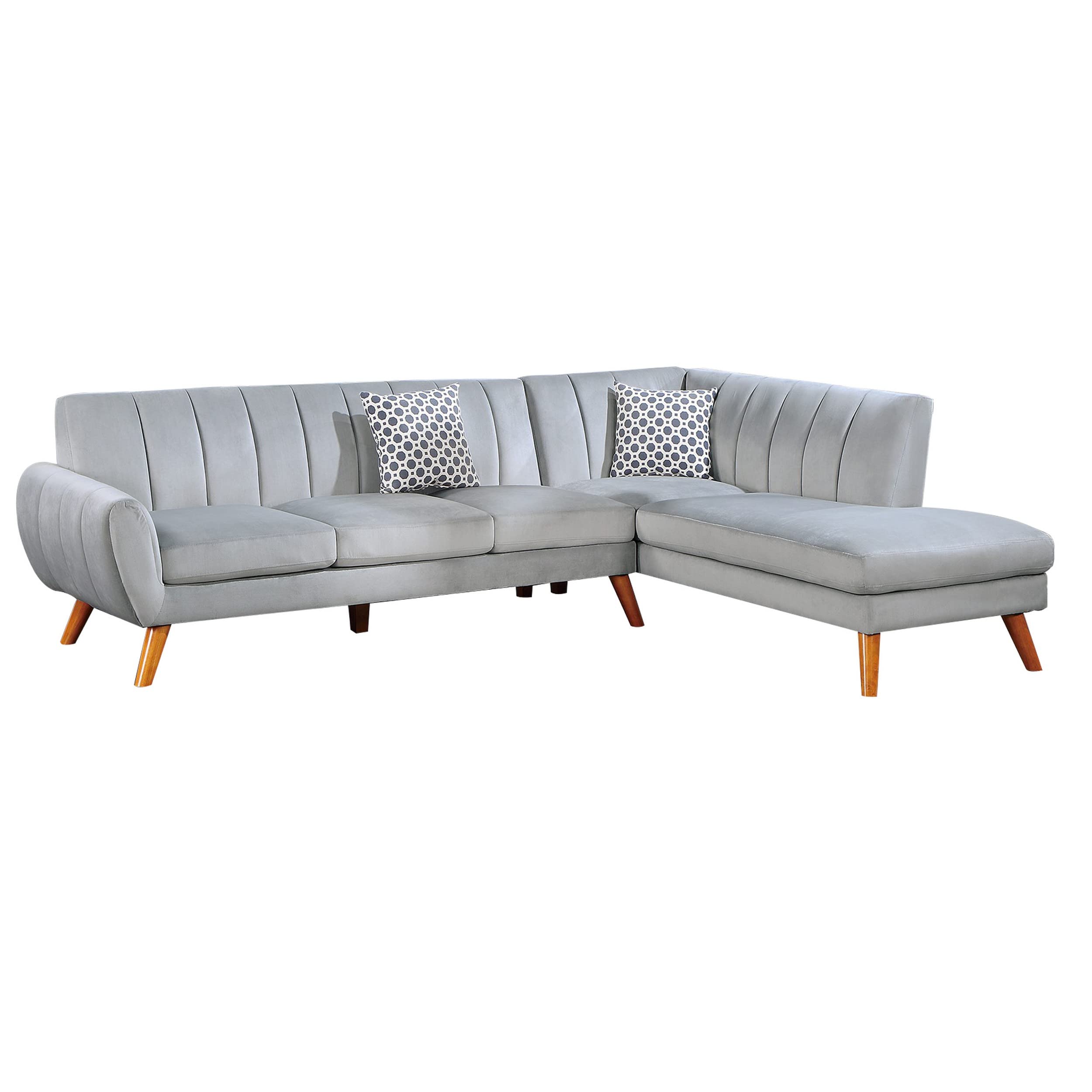 Benjara Lynn 2 Piece Sectional Sofa Set, Chaise Lounger, Tufted Velvet, Light Gray