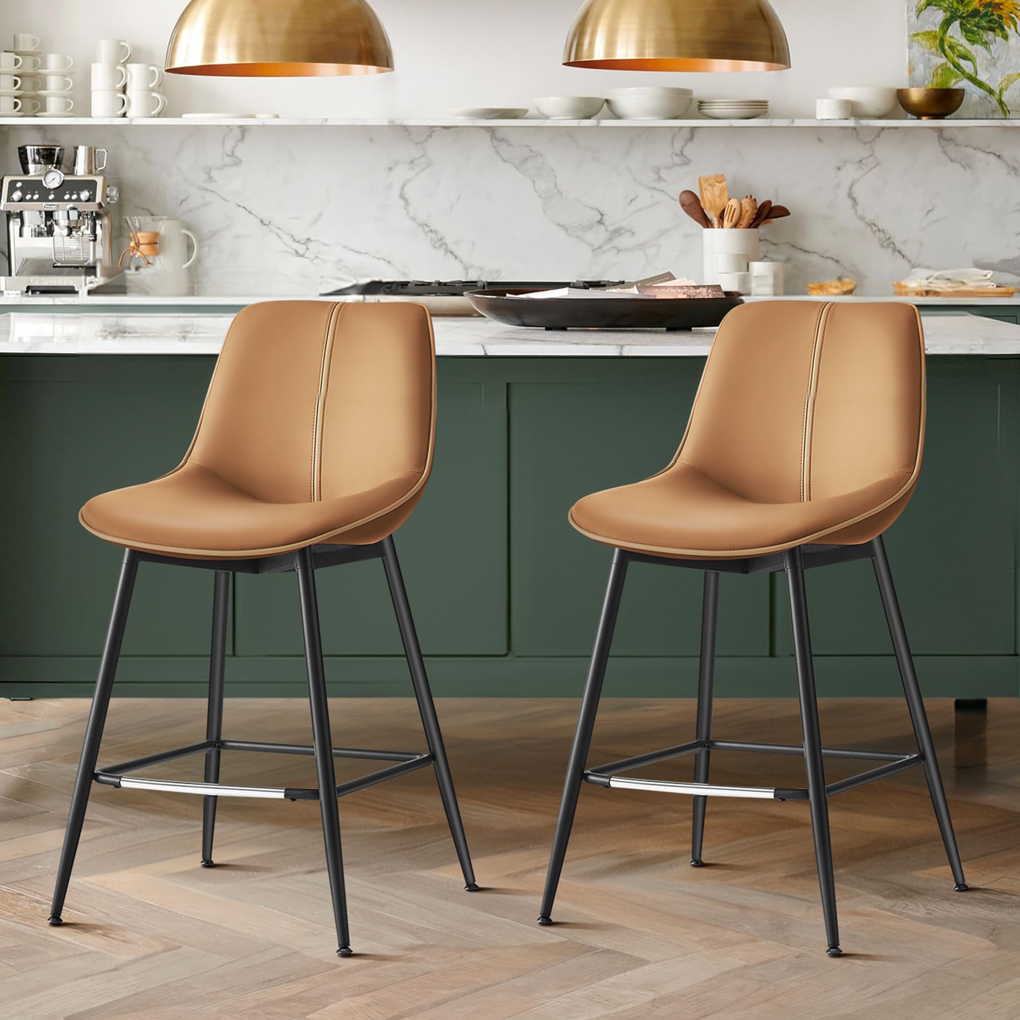 VASAGLE Bar Stools Set of 2, Counter Height Bar Stools with Back, Ergonomic Backrest, Synthetic Leather, Metal Legs, 24.4-Inch T