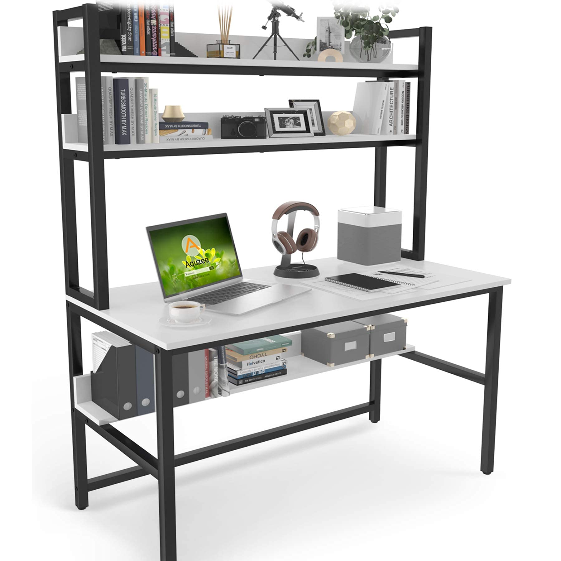 Aquzee Computer Desk with Hutch and Bookshelf, 47 inch Wide White Home Office Desk with Space Saving Design, White Desk with 3 T