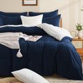 NEXHOME PRO 100% Organic Cotton Duvet Cover Super King Size, Linen Like Pleated Textured Navy Duvet Cover Set, 3pc Bedding Set w