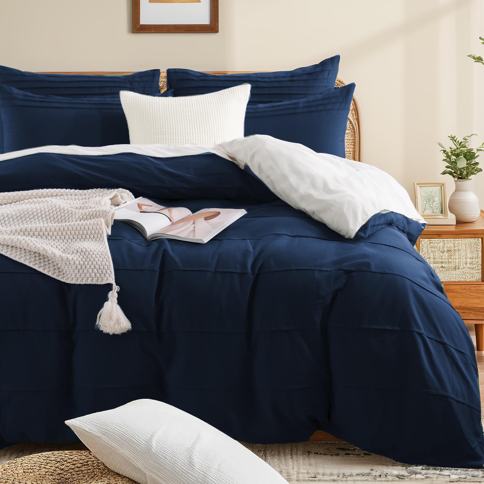 NEXHOME PRO 100% Organic Cotton Duvet Cover Oversized Queen Size, Linen Like Pleated Textured Navy Duvet Cover Set, 3pc Bedding 