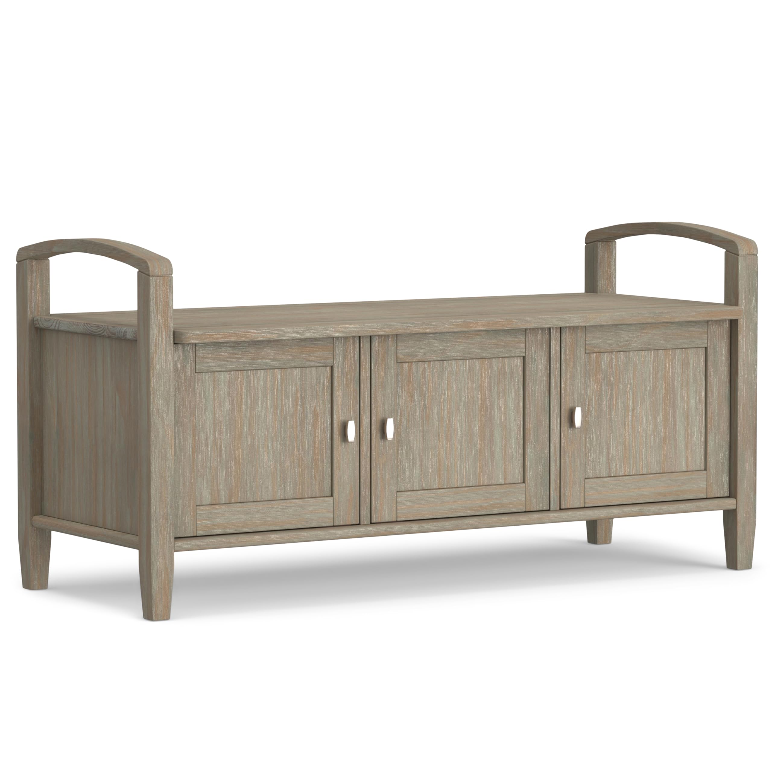 SIMPLIHOME Warm Shaker Entryway Storage Bench - 44 inch Wide Solid Wood Storage Seat in Distressed Grey, Transitional Bench Seat