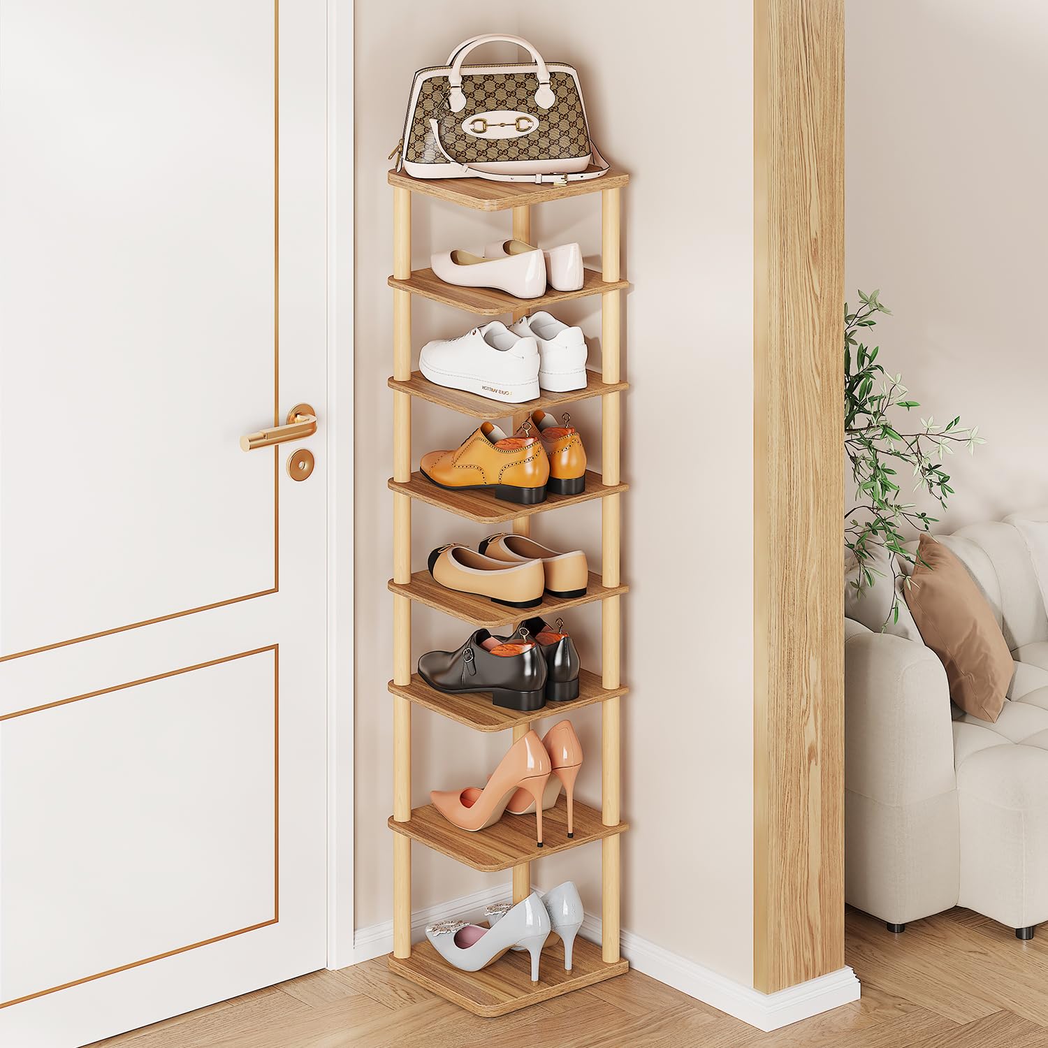 LUCKNOCK Vertical Shoe Rack, 8-Tier Tall Narrow Shoe Organizer for Entryway, Closet, Dorm & Small Spaces, Freestanding Wooden Sh