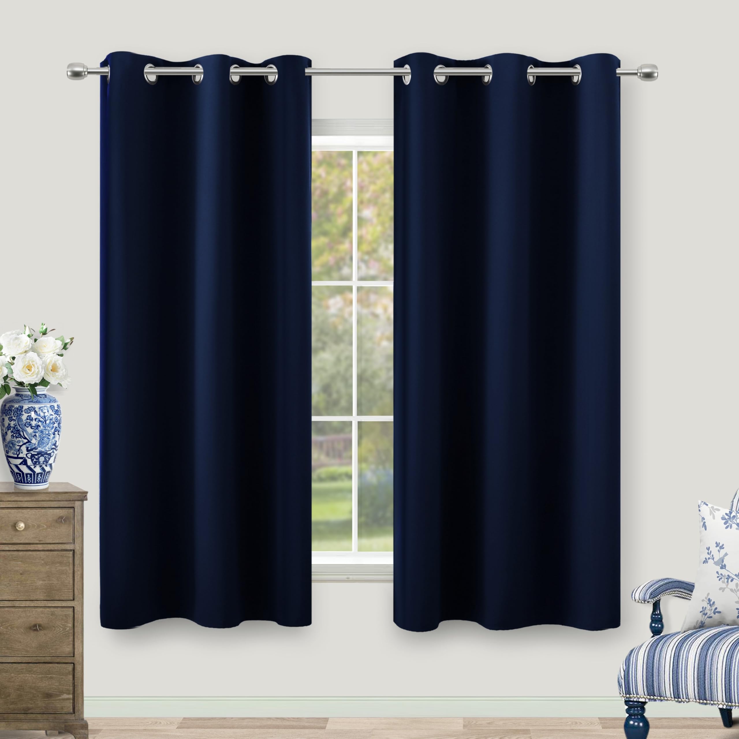 KOUFALL Small Window Curtains for Bathroom Sink Short Length 2 Panel Sets Grommet Navy Blue Heat Reflective Blackout RV Curtains