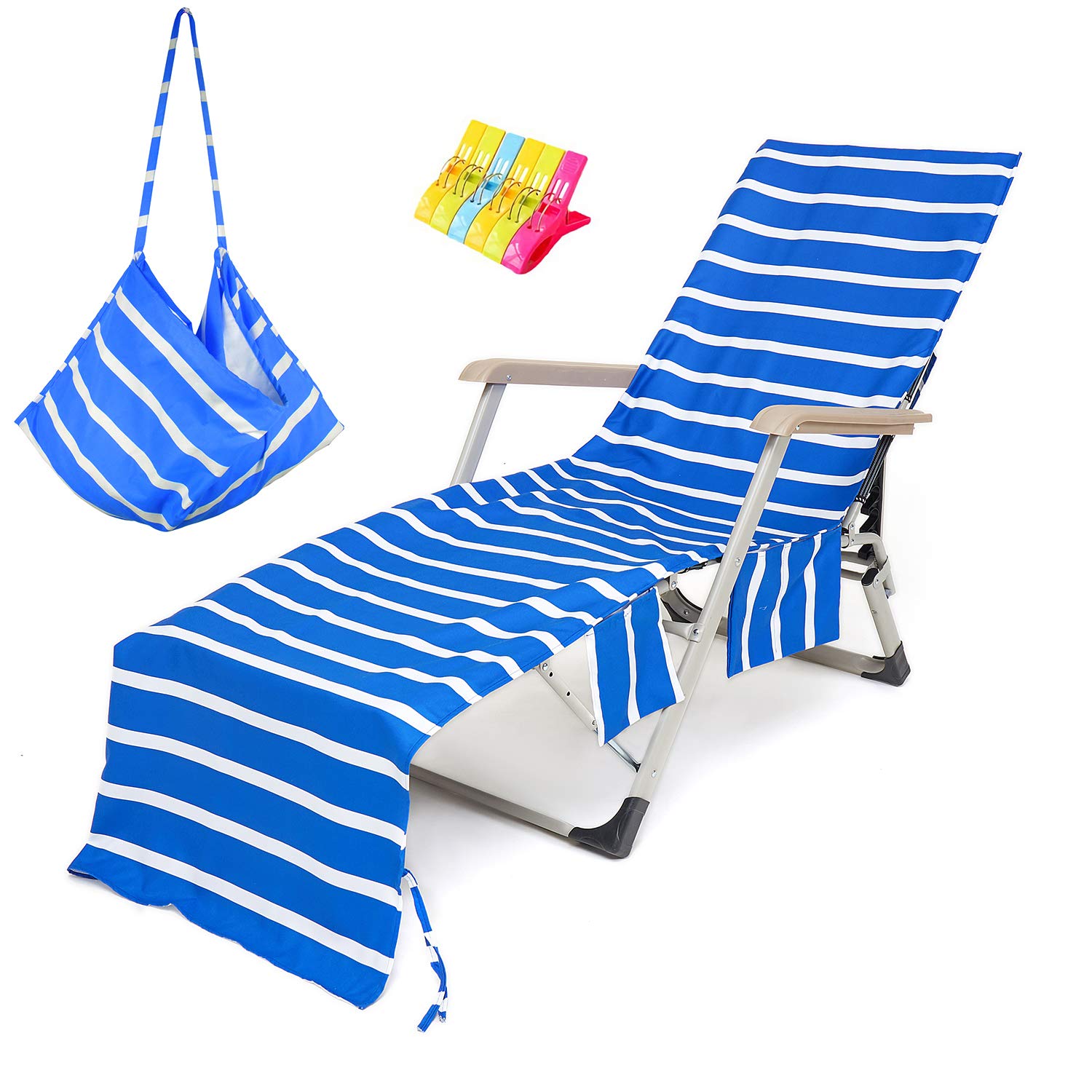 VOCOOL Beach Chair Towel Chaise Lounge Cover with Pockets Pool Chair Towel for Outdoor Patio Garden-Blue