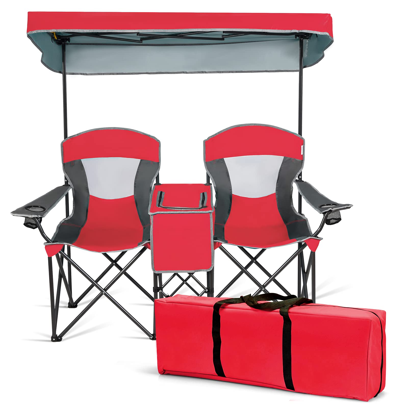 S AFSTAR Double Camping Chair w/Shade Canopy, 2-Person Folding Camp and Beach Chair with Mini Table Beverage Cup Holder Carrying