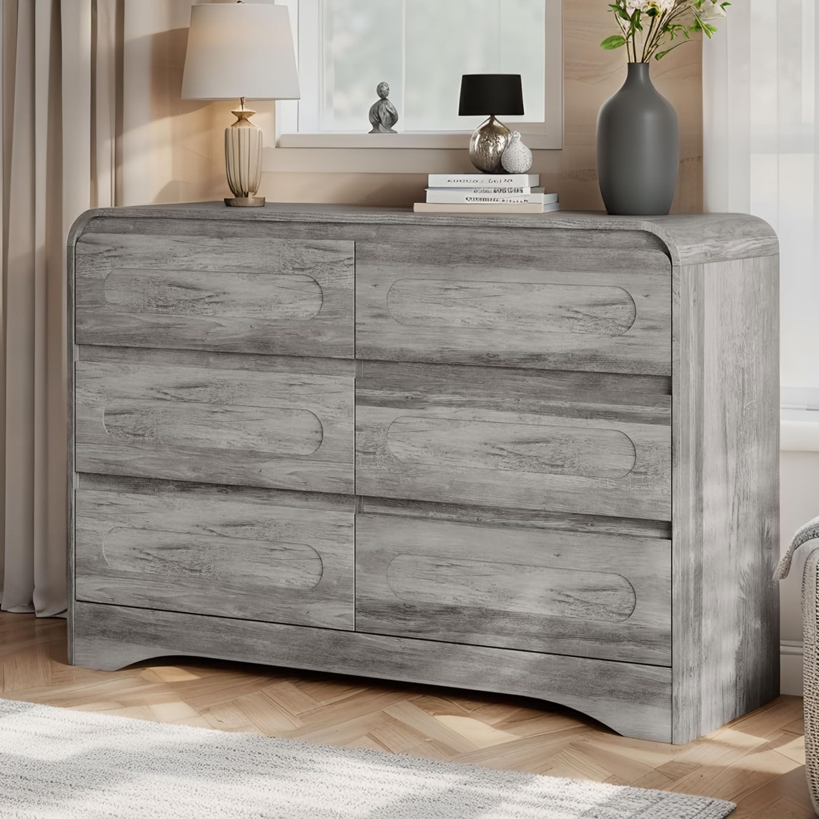 SOLACE FURNITURE Modern 6 Drawer Dresser for Bedroom, 32  Dressers & Chests of Drawers, 47  Wide Dresser Organizer Storage, Curv