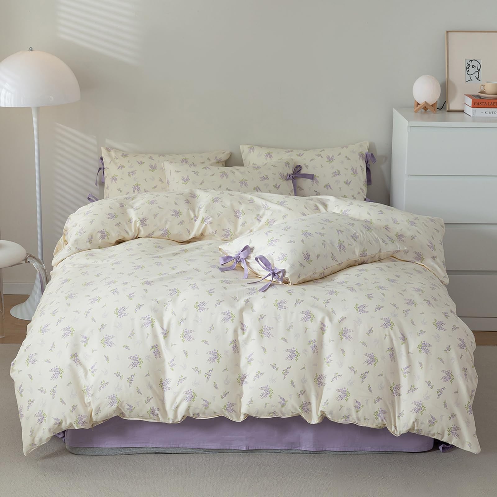 HighBuy Garden Floral Duvet Cover Twin XL with 2 Bowknot Bow Tie Pillowcases Coquette Aesthetic Comforter Cover Soft Cotton 3 Pi
