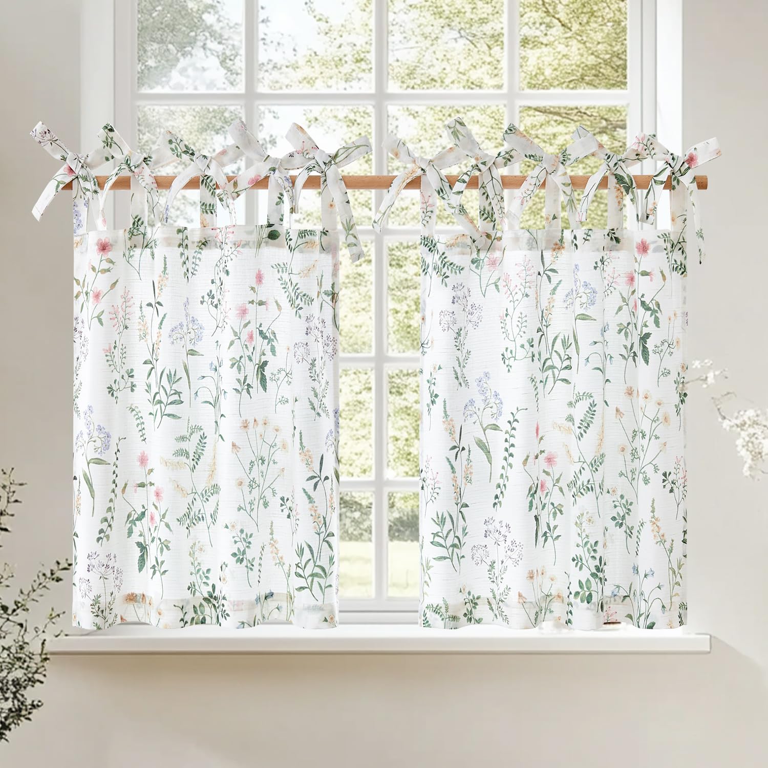 jinchan Linen Kitchen Curtains Floral Printed Tier Curtains 36 Inch Length Farmhouse Cafe Tie Top Botanic Small Window Drapes fo