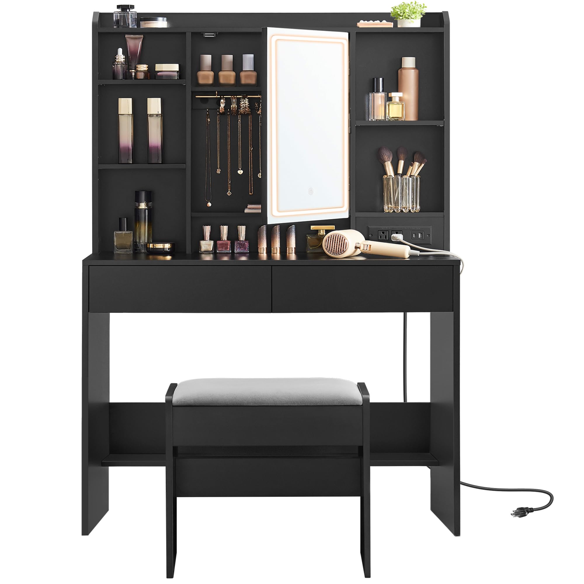 VASAGLE Vanity Desk with Power Outlets, Makeup Vanity with Mirror and Lights, Upholstered Vanity Stool, Dimmable LED Lights, 6 C
