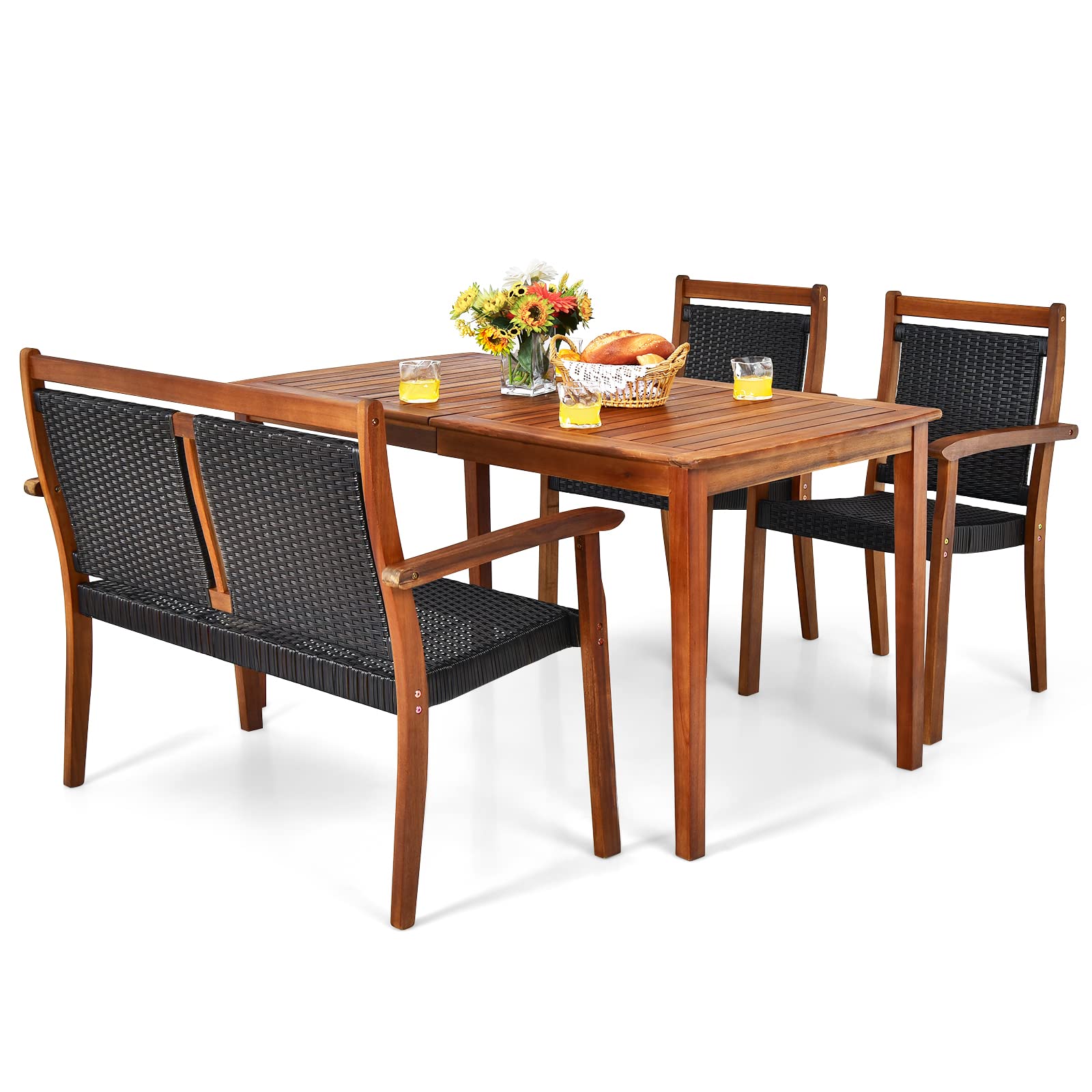 Tangkula 4 Pieces Patio Dining Set for 4, Patiojoy Space-Saving Outdoor Acacia Wood Dining Table and PE Rattan Chairs Set with 1