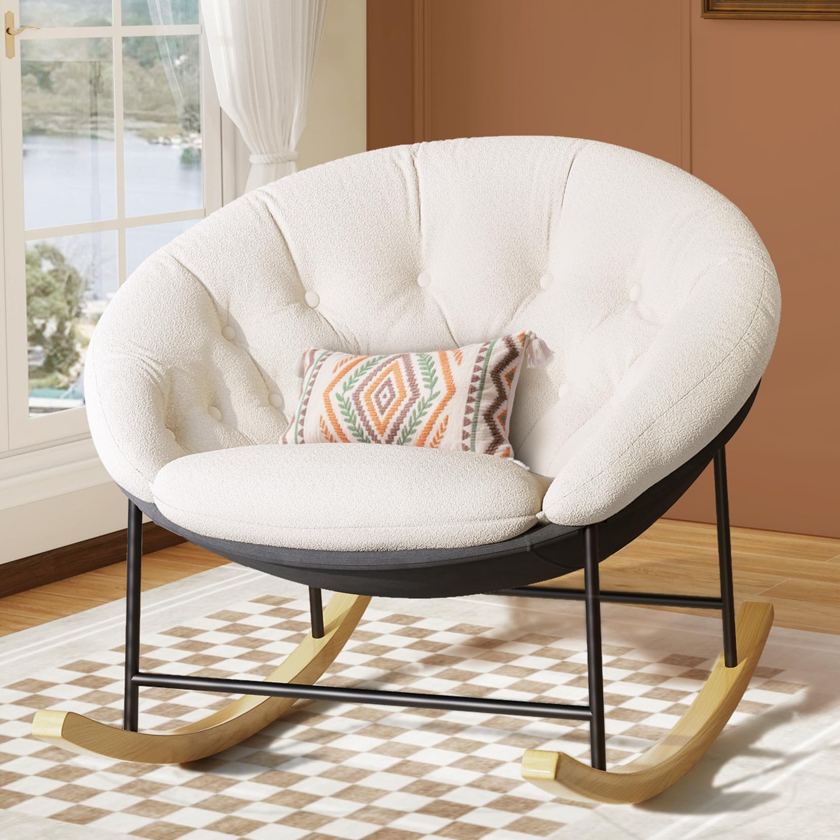 Kidirect Round Saucer Rocking Chair Nursery, Modern Upholstered Nursery Rocking Chairs and nursery Glider with Cozy Cushion, Com