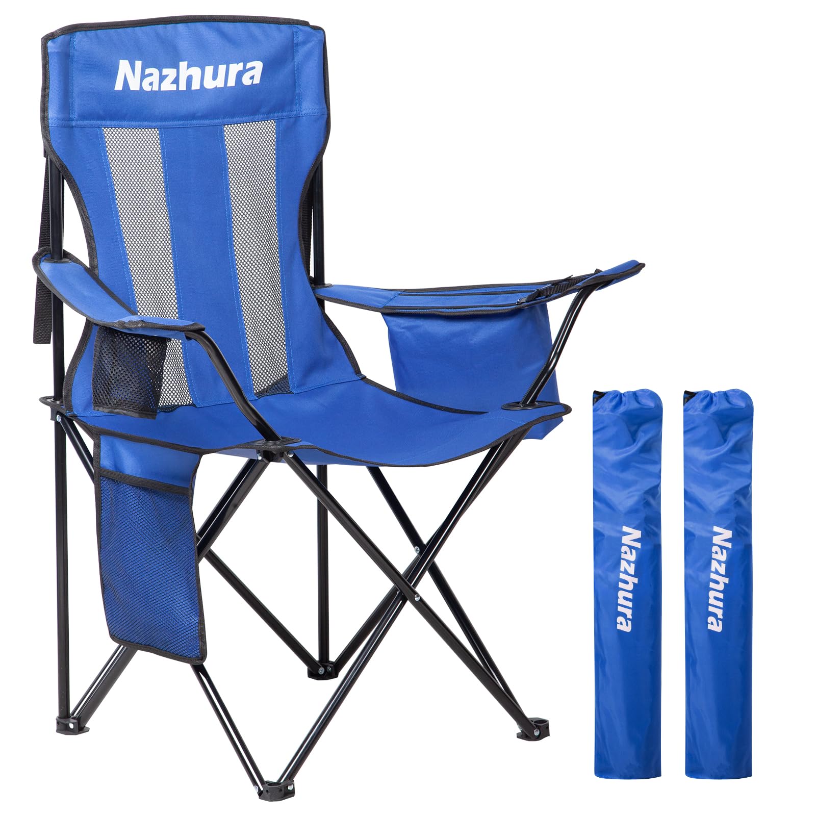 Nazhura 2 Pack Outdoor Camping Chairs Folding/Foldable/Portable with Cooler Pouch, Mesh Backrest and Cup Holder Pocket (Blue, 2 