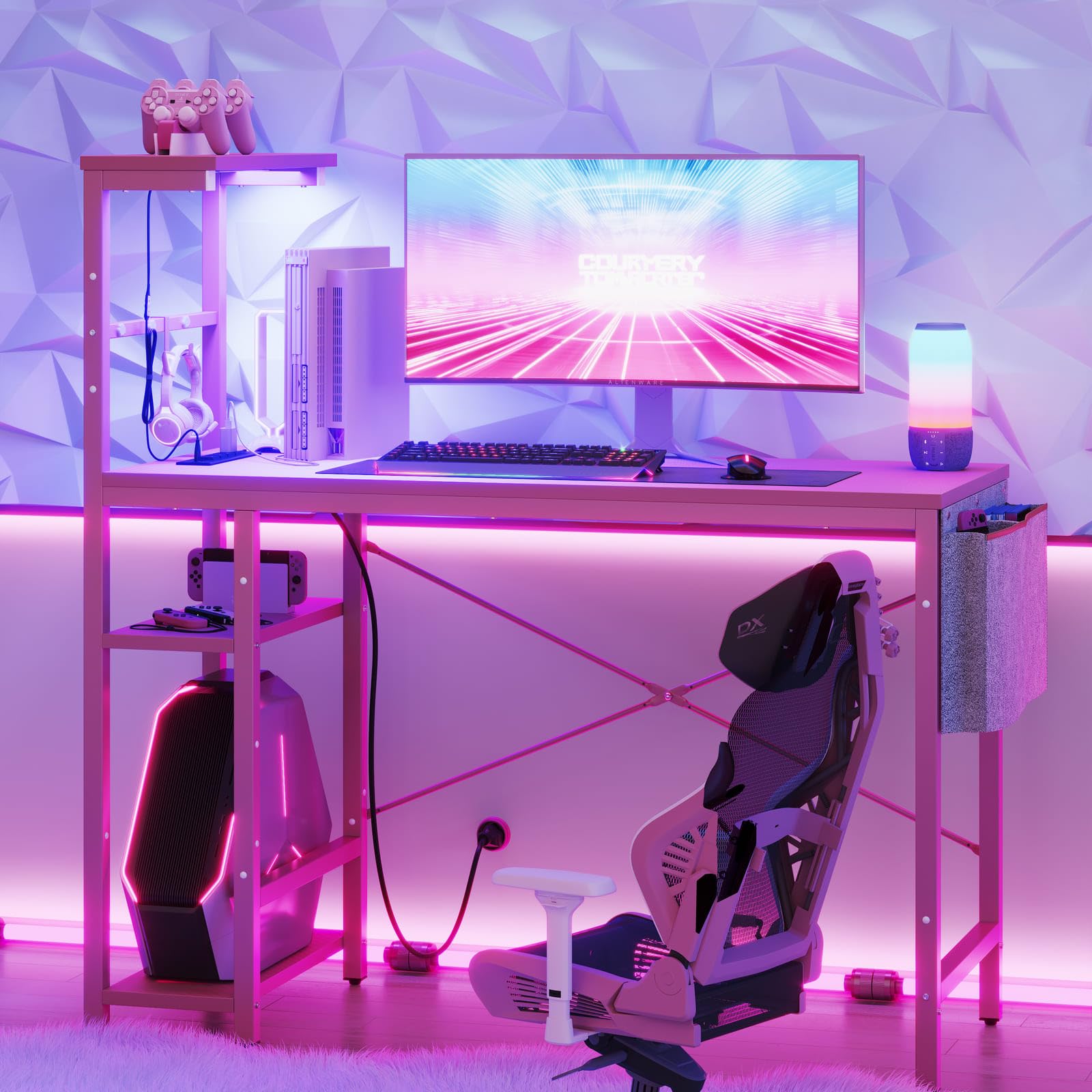 Bestier Pink Gaming Desk with Power Outlets, 44 Inch Led Gamer Desk with 4 Tiers Reversible Shelves, Computer Desk with Headset 