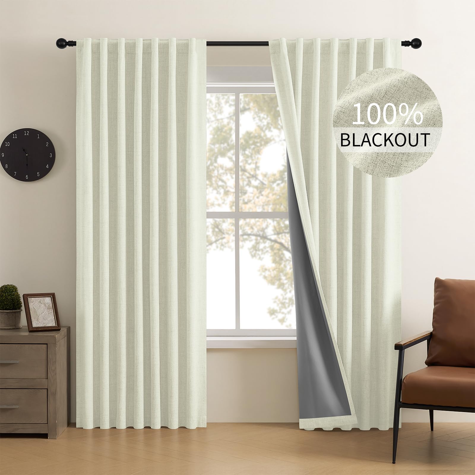 Cucraf 100% Blackout Back Tab and Rod Pocket Curtains 63 Inch Length 2 Panels Set, Beige Linen Curtain for Living Room Bedroom, 