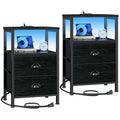 Furologee Nightstands Set of 2, End Tables with Charging Station and LED Lights, Black Night Stands with 2 Fabric Drawers, Bedsi