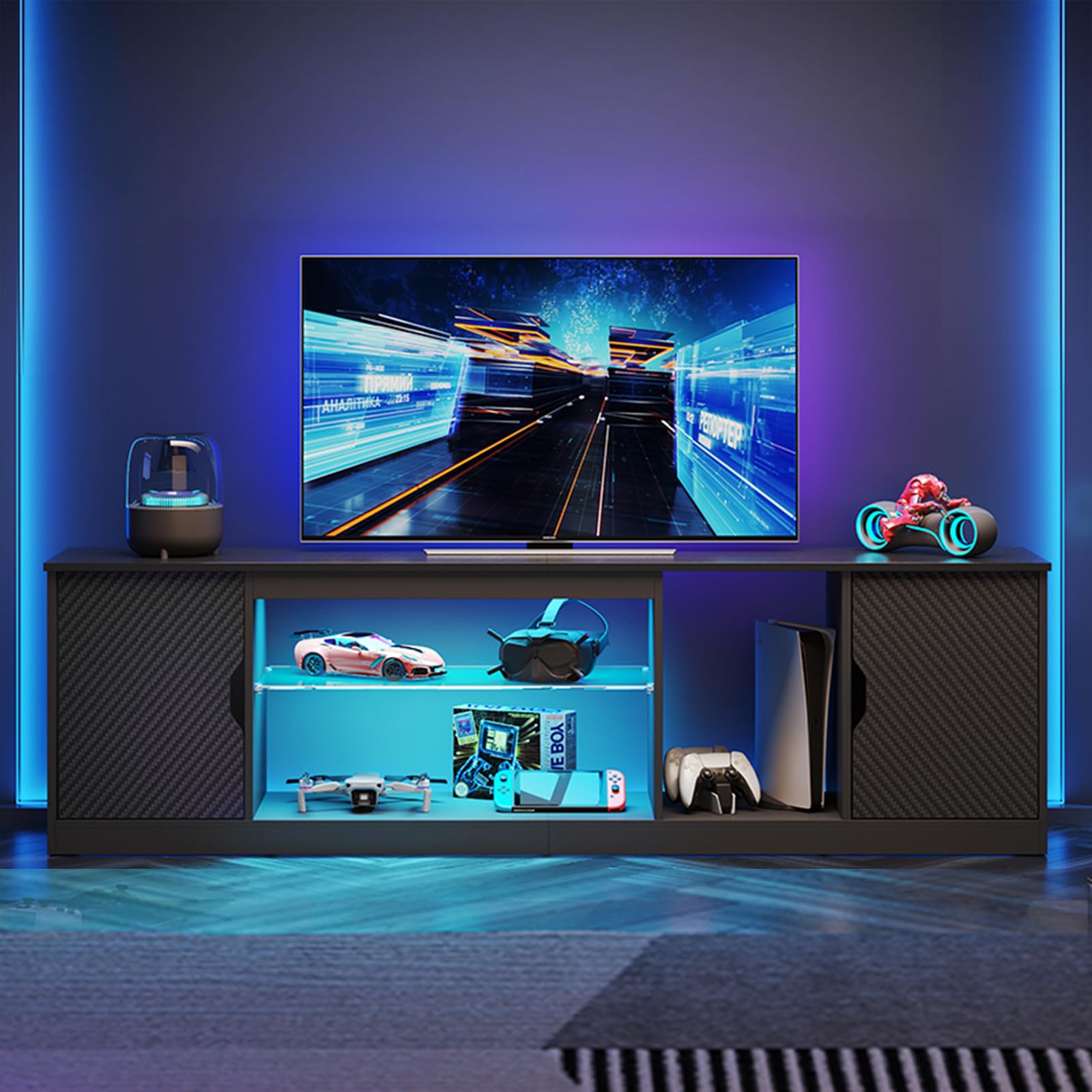 Bestier LED TV Stand for 65/75/80 inch TV, Gaming Entertainment Center with Adjustable Glass Shelf & Storage Cabinet for PS5 Xbo