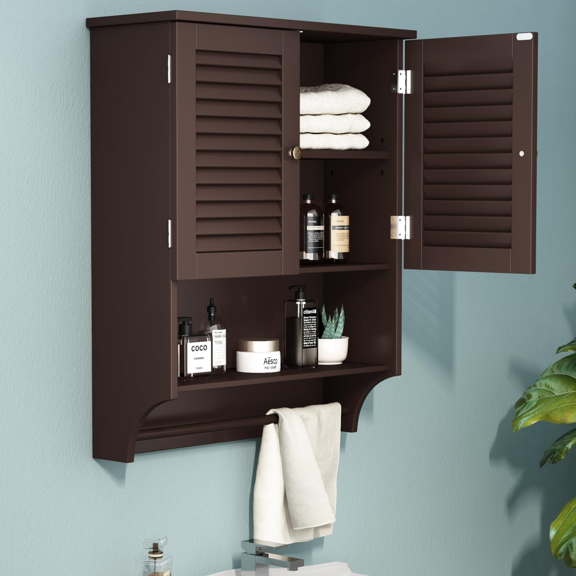 ChooChoo Bathroom Wall Cabinet with Towels Bar, 23.6 L x7.9 W x27.5 H MDF Material Medicine Cabinet, 2 Doors Over The Toilet Spa