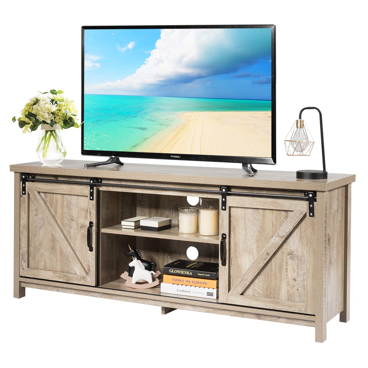 CASART Wooden TV Cabinet, 3 Tier TV Console Table with Sliding Barn Doors and Shelves, Rustic Media Entertainment Center for Liv