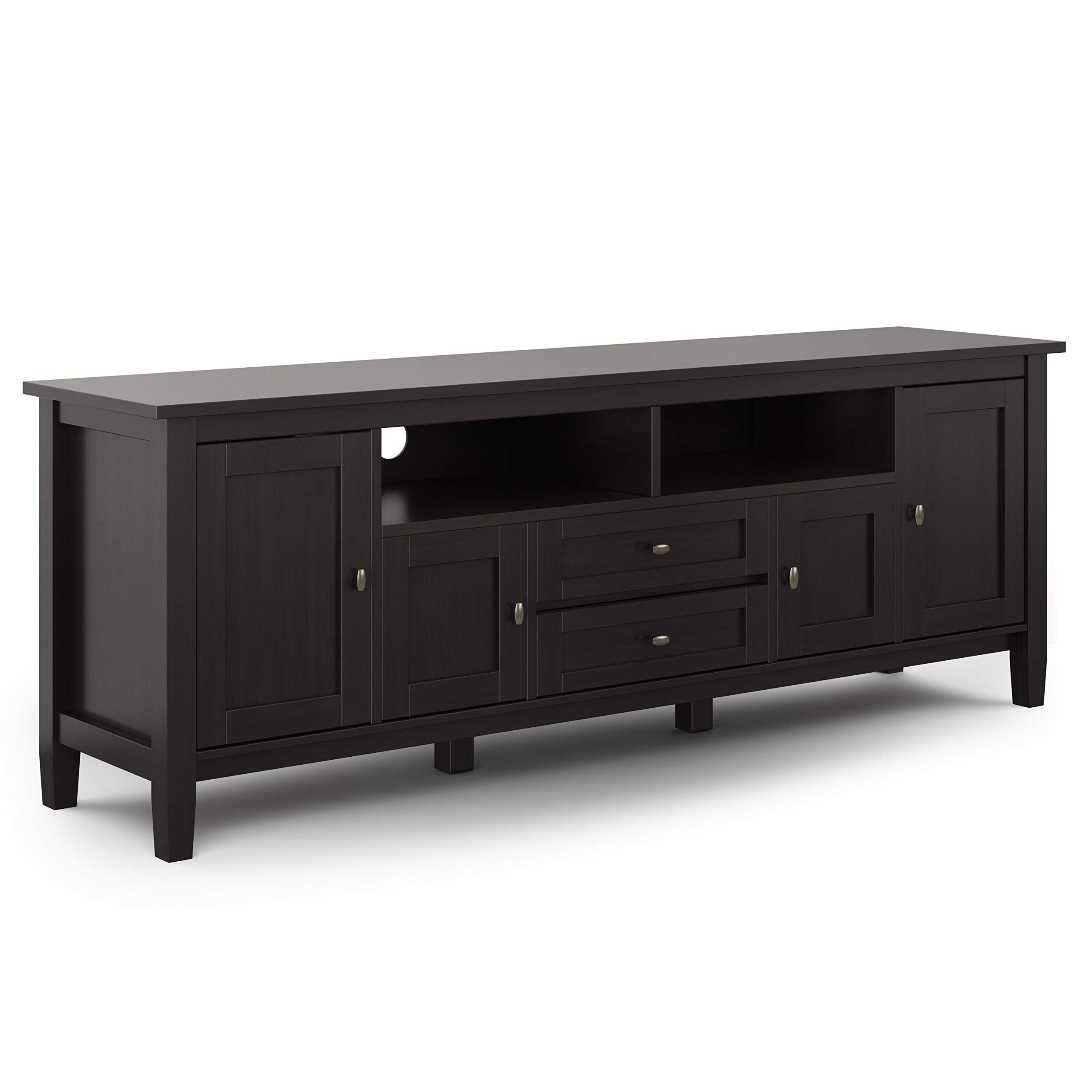 SIMPLIHOME Warm Shaker SOLID WOOD 72 inch Wide Transitional TV Media Stand in Hickory Brown For TVs up to 80 inches for the Livi